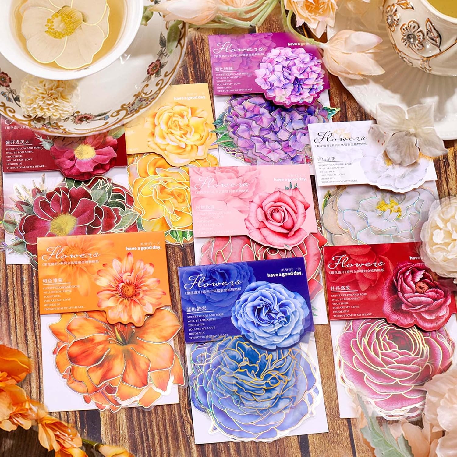 Juome 80 Pcs Large Size Flower Stickers for Journaling Supplies, 3D Flower Stickers with Gold Holographic Outlines, Transparent Floral Decorative Decals for Scrapbooking Supplies Bullet Junk Journal