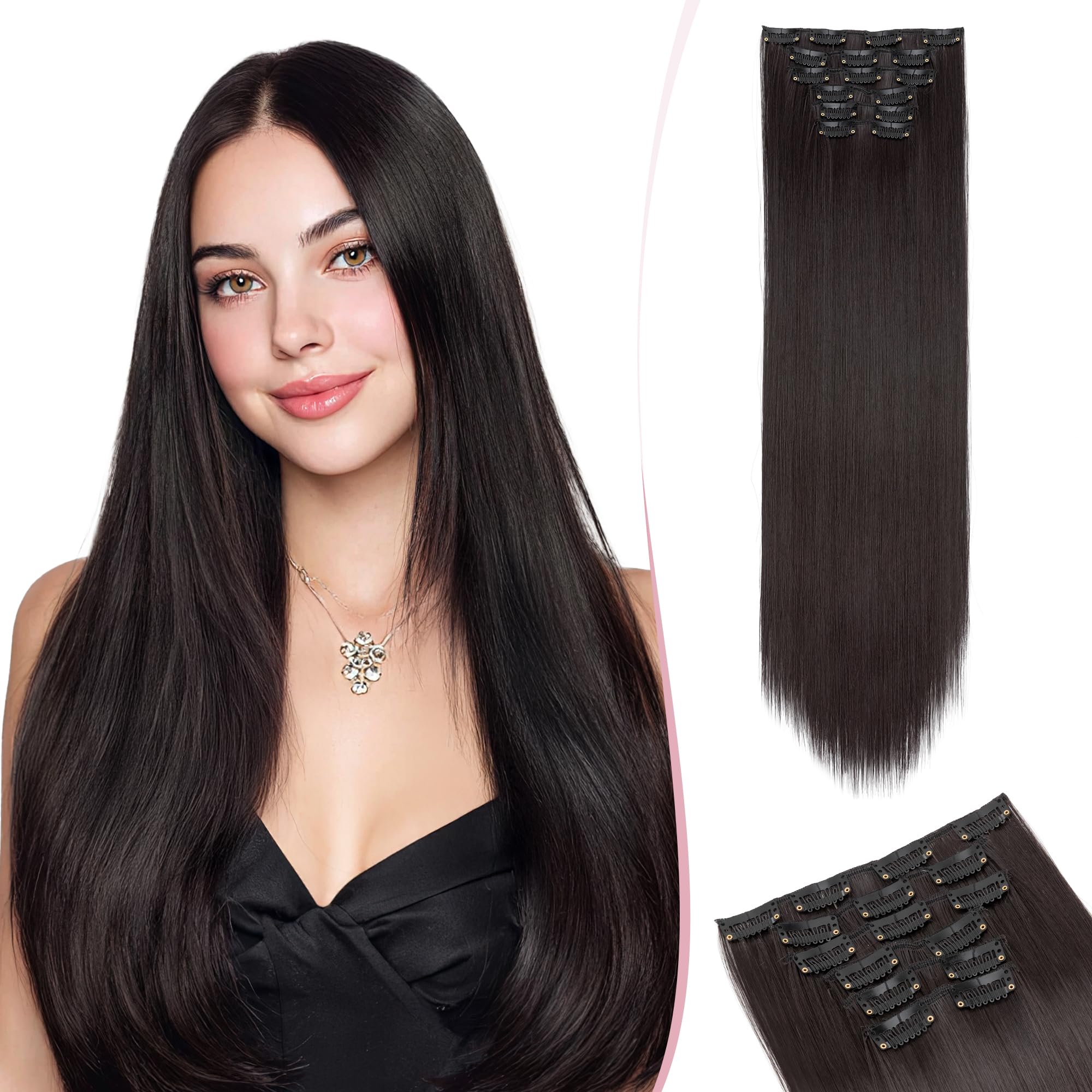 SEGO Clip In Hair Extensions 24 Inch 6PCS Thick Clip In Hair Hairpieces 150g Long Straight Hair Extension Synthetic Full Head for Women Natural Black