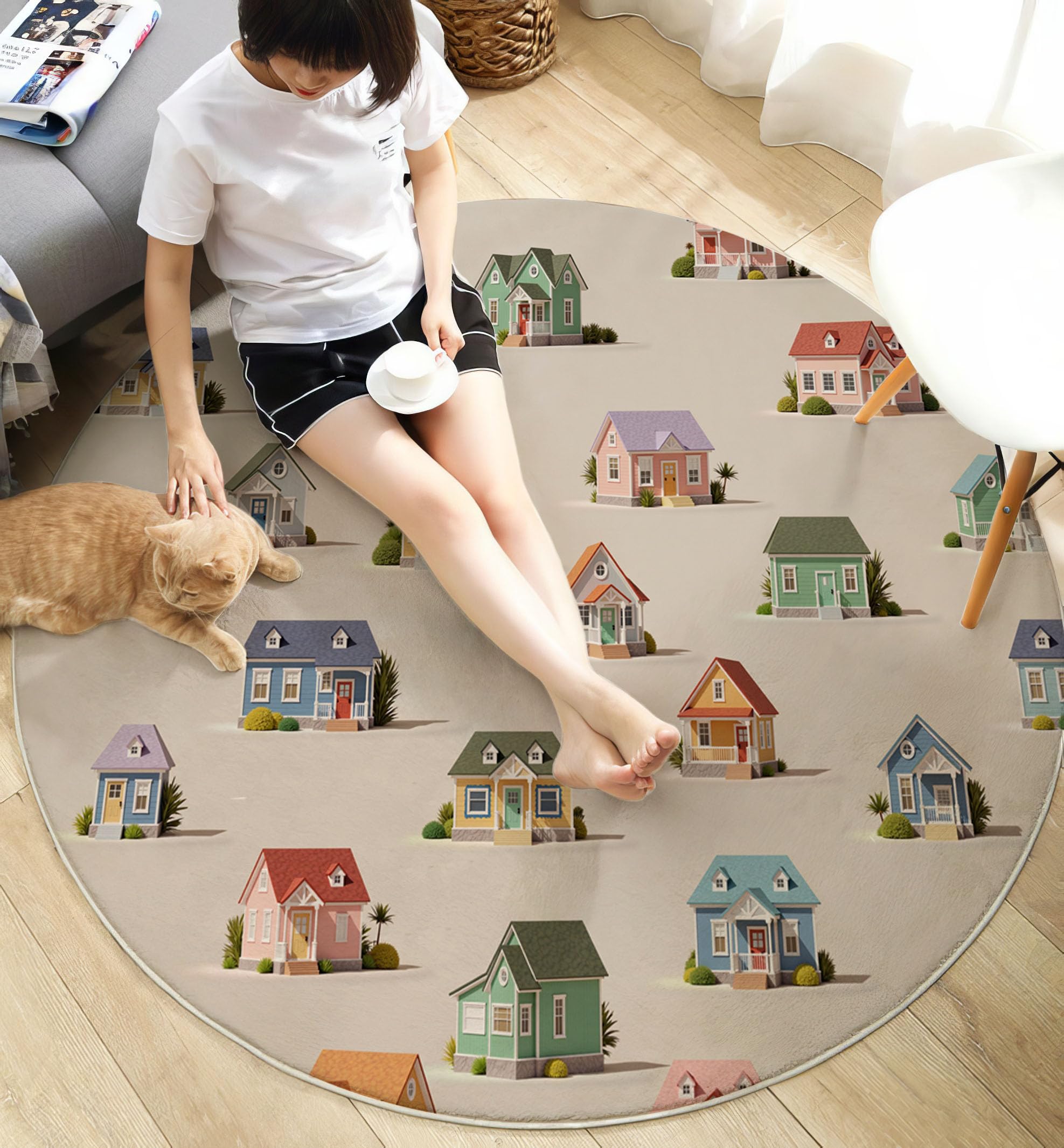 Tappeto Rotondo per Bambini, Morbido Costruzione Di Una Piccola Casa Cartone Animato Antiscivolo Grande Tappetino da Gioco, per Cameretta dei Bambini in Finta Cashmere, (Beige chiaro, 100cm )