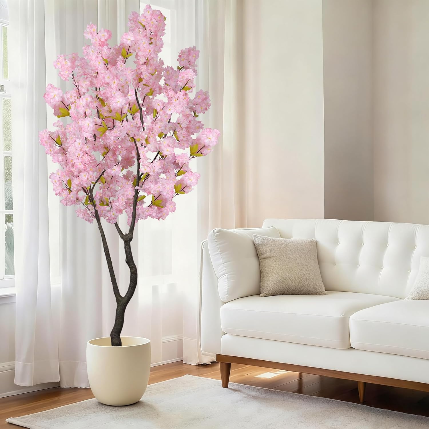 Faux Pink Cherry Blossom Tree 6.5ft(78in) Artificial Pink Silk Flower Tree Lifelike Large Fake Floral Tree for Wedding Realistic Elegant Cherry Sakura Plant in Pot for Home,Living Room,Office Cherry Blossom(pink 4) 6.5ft