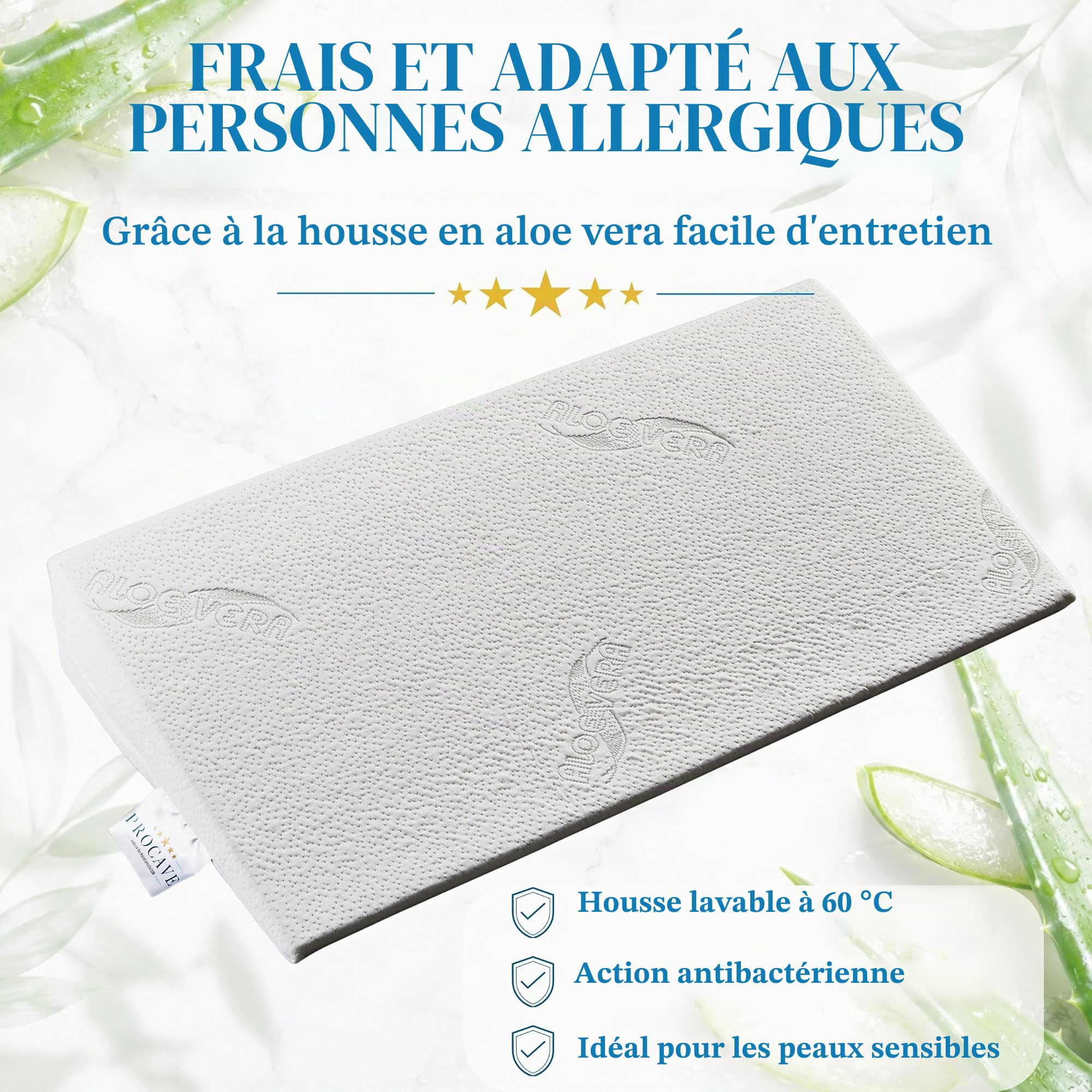 PROCAVE Cale de lit | Coussin en Mousse en Forme de cale | Réhausseur de Matelas Respirant | Fabriqué en Allemagne | Housse Double en Tissu Aloevera | 140 cm x 45 cm x 15/1 cm