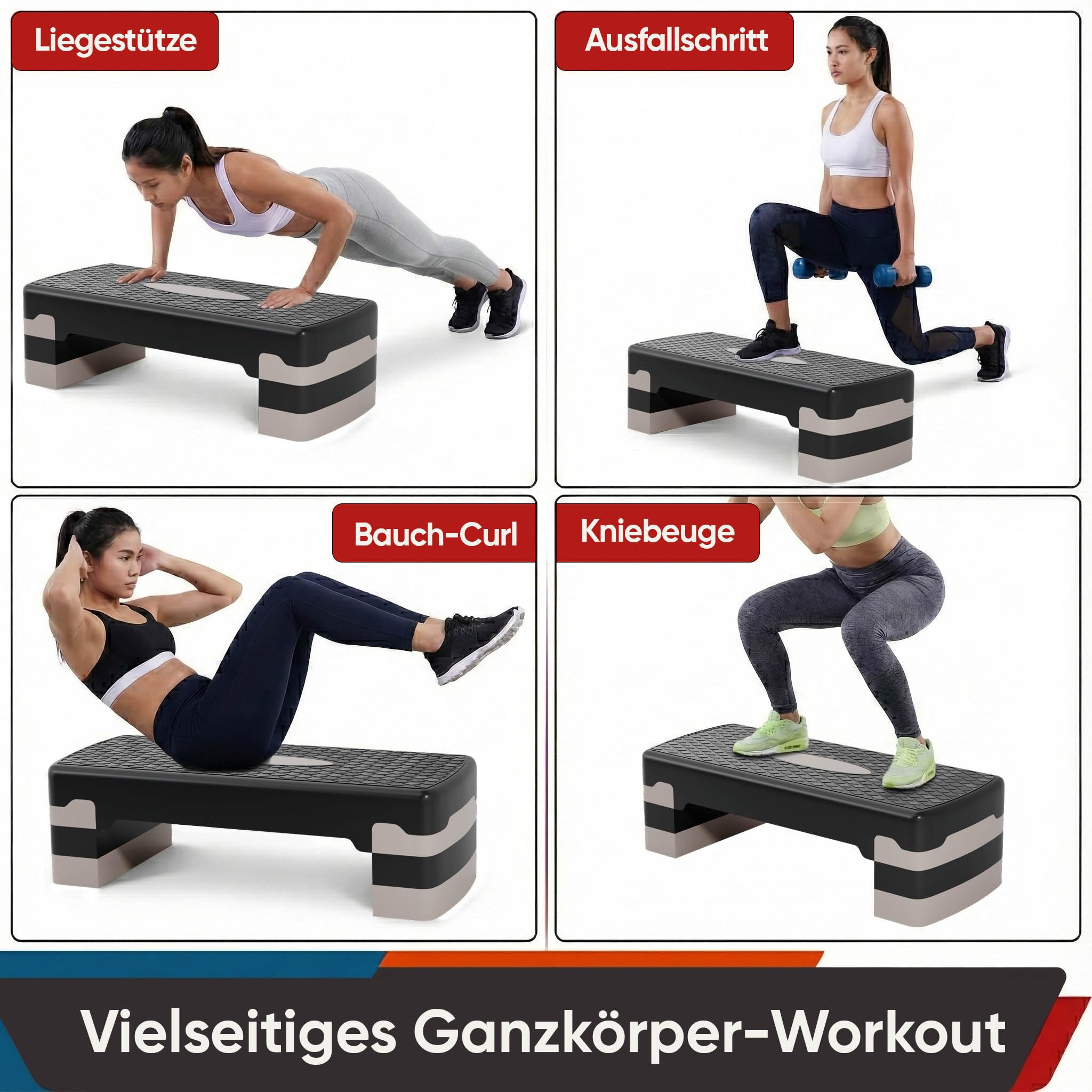 Ultrasport Aerobic Steppbrett I Step Up Board Rutschfest, 3-fach Höhenverstellbar I Fitness Stepper für Zuhause, Stepboard, Stepbench Brett 68 x 28 cm, Grau