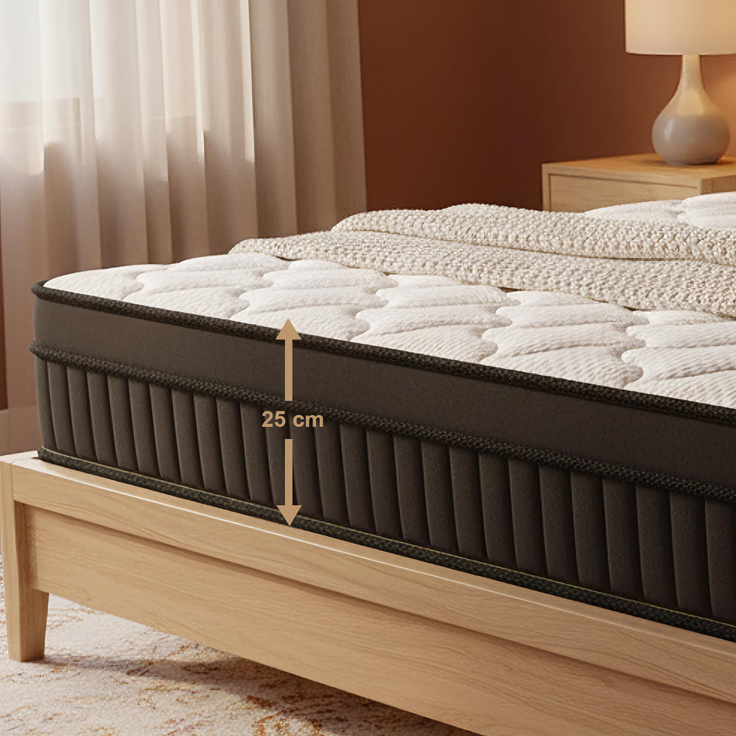 Materasso 90 x 200 cm, altezza 25 cm, durezza H3 media, materasso ibrido a 7 zone, materasso ortopedico a molle insacchettate con schiuma confortevole, traspirante, riduzione della