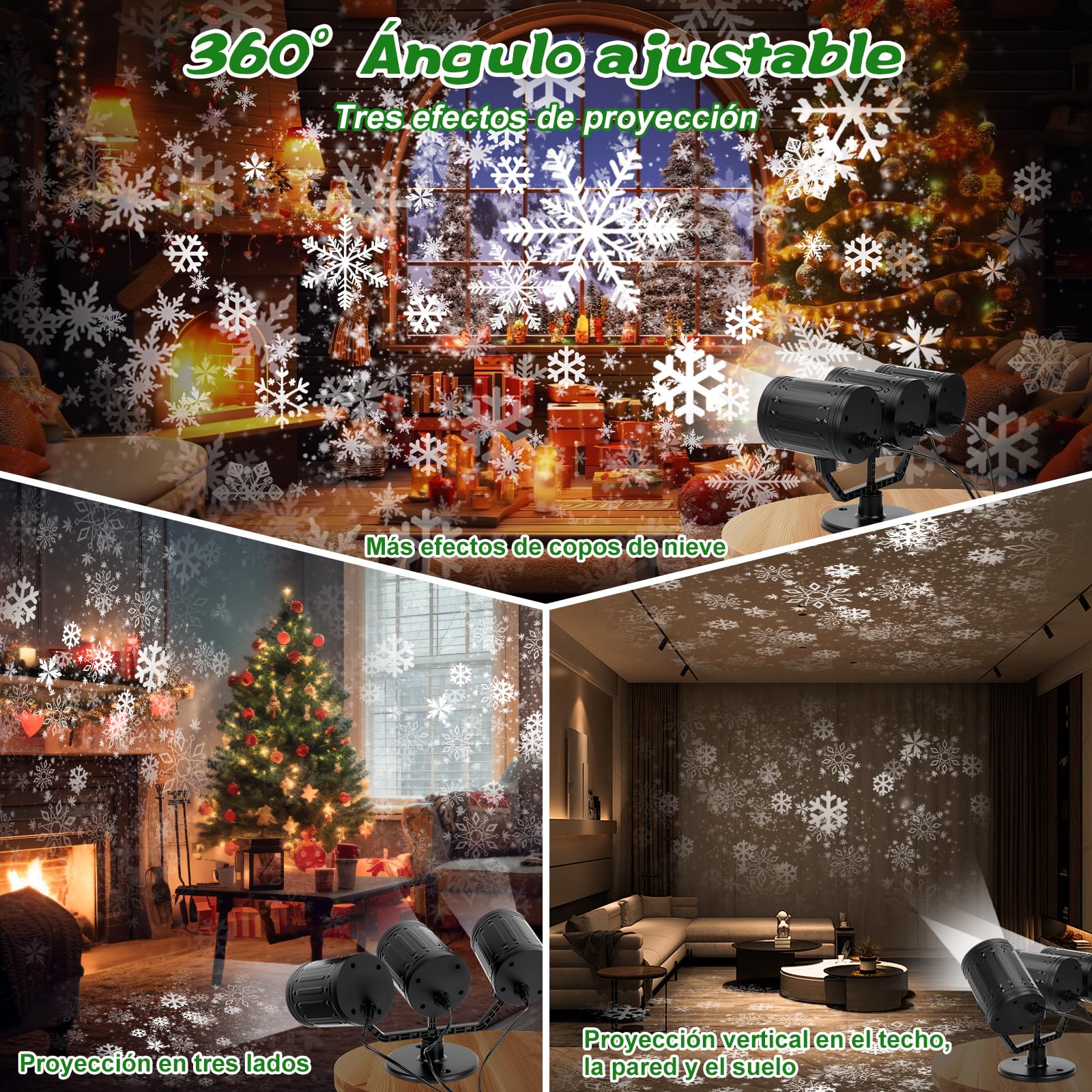 Herefun Proyector Navidad de Copos de Nieve, tres Cabezas Proyector Dinámica navidad exterior con Temporizador, Resistente al Agua, Decoración Navidad Para Paredes Casas Jardines Entrada