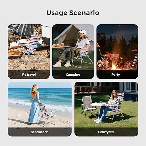 Miniatura 8 de SUNNYFEEL Silla de playa portátil, silla de playa plegable con respaldo bajo, silla de campamento ligera con posición reclinable, tumbona mochila