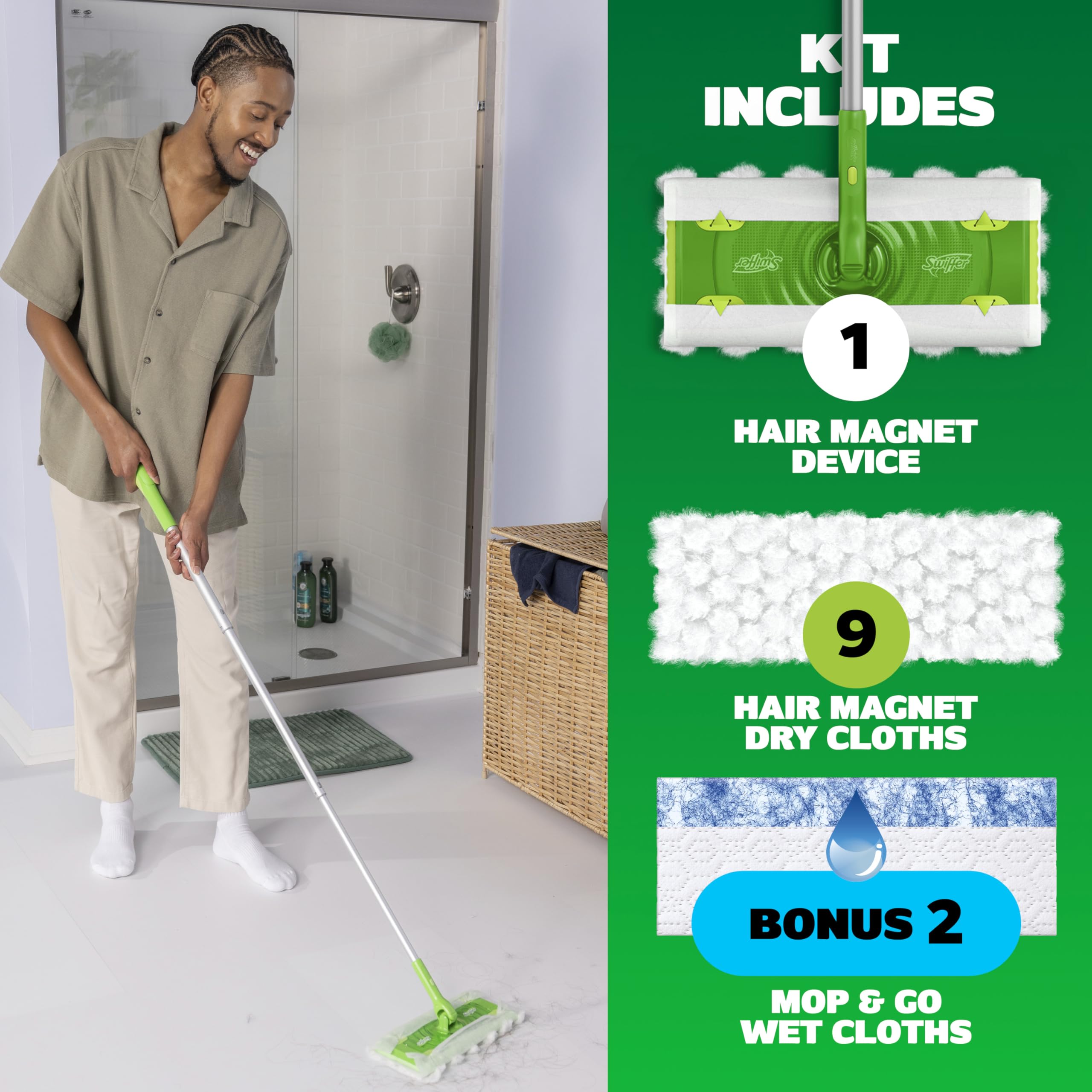 Swiffer Hair Magnet Deluxe - Kit de Inicio con Mango Plegable, 9 paños Secos Hair Magnet y 2 paños húmedos Mop & Go de Regalo