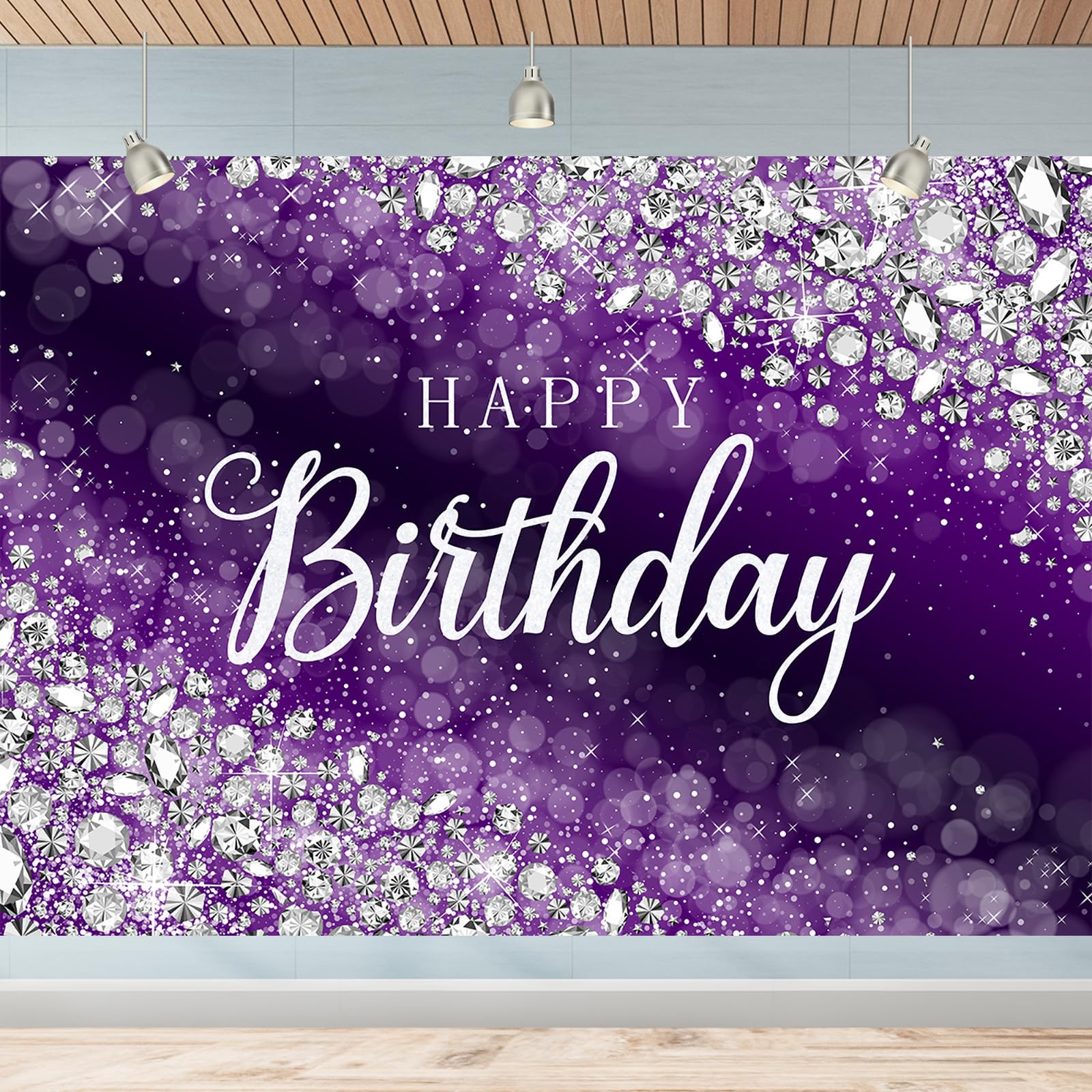 Purple Happy Birthday Banner Backdrop 7x5Ft Shine Diamonds Photography Background for Women Silver Diamonds Happy Birthday Banner Decoration Purple