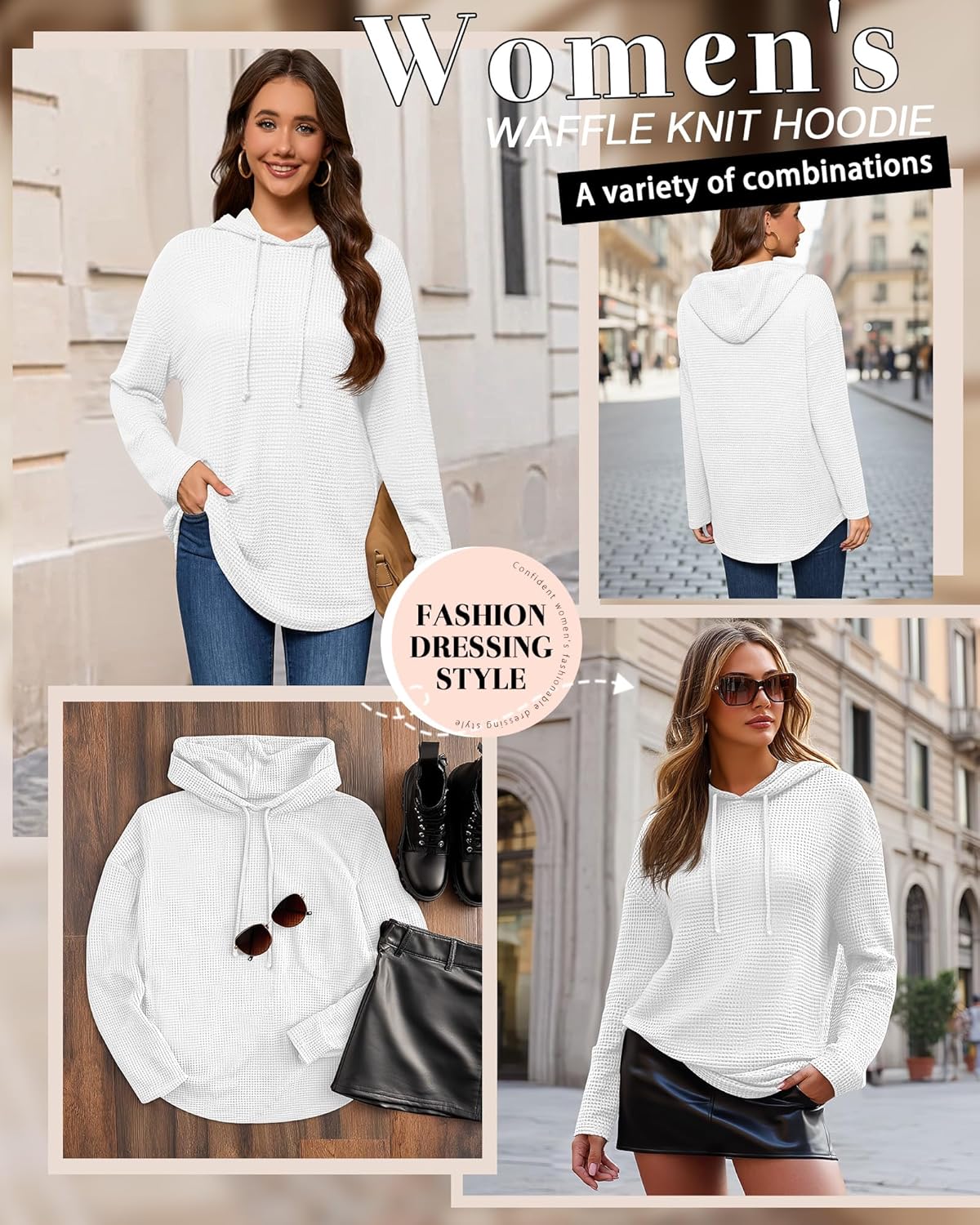 Oversized Hoodies for Women Waffle Knit Casual Long Sleeve Drawstring Pullover Sweatshirt Loose Fit Hooded Tops - Image 3