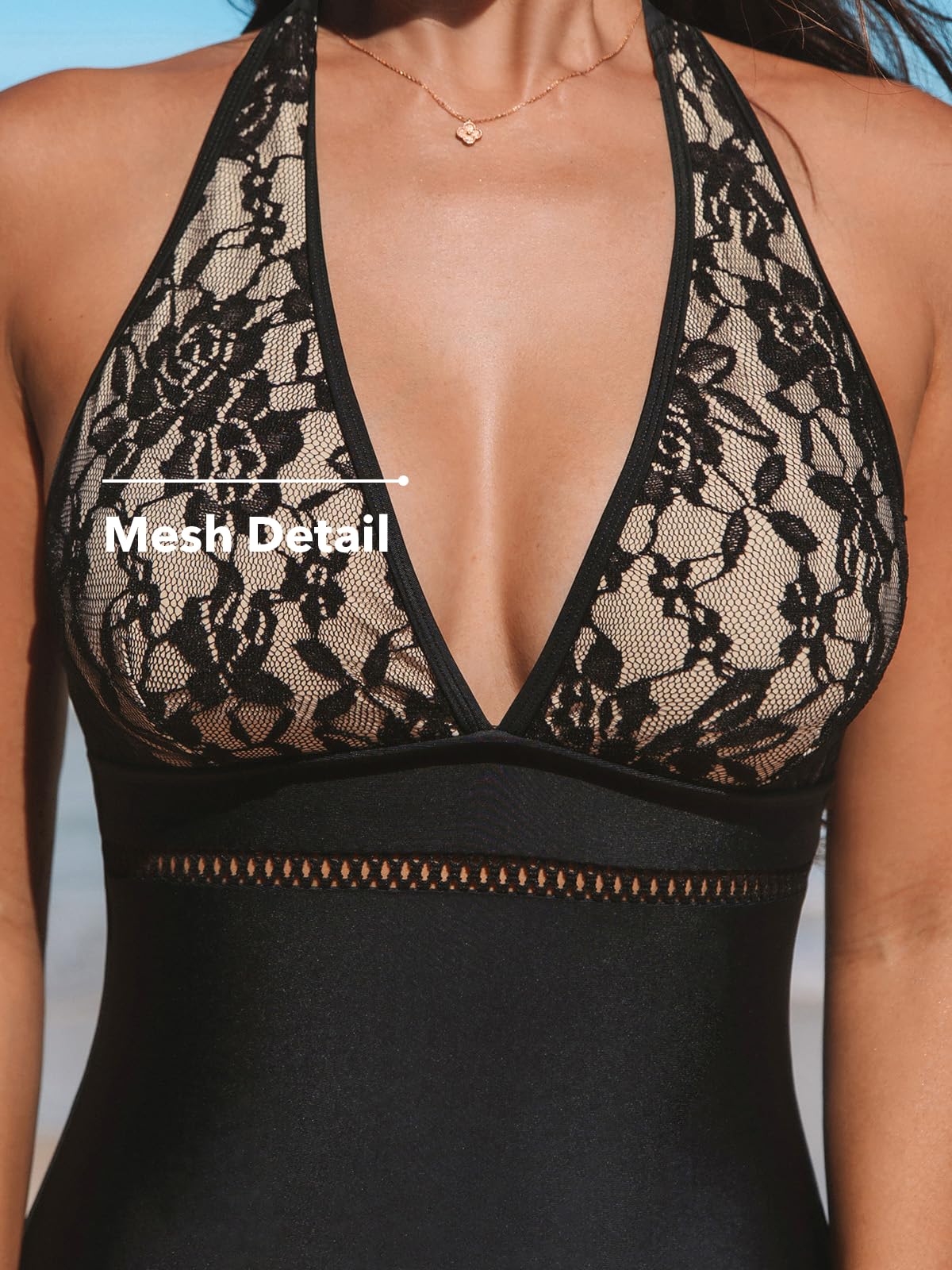 CUPSHE Maillot de bain une pièce pour femme - Col plongeant - Dos nu - Bretelles en dentelle