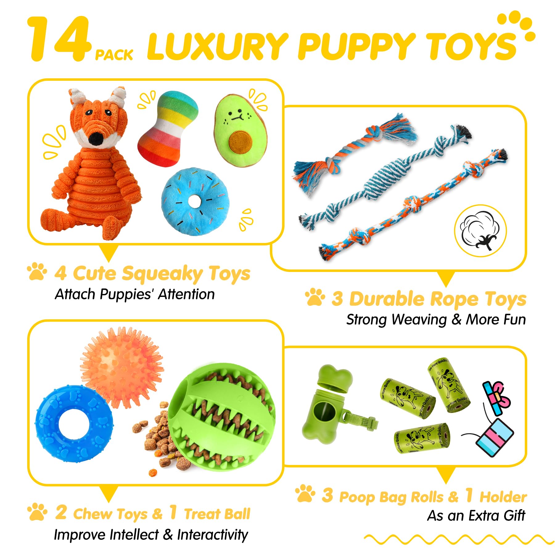 Zeaxuie Paquete de 14 juguetes para cachorros para dentición de perros pequeños, juguetes masticables para cachorros con bonitos juguetes chirriantes para perros, pelota y más juguetes masticables de