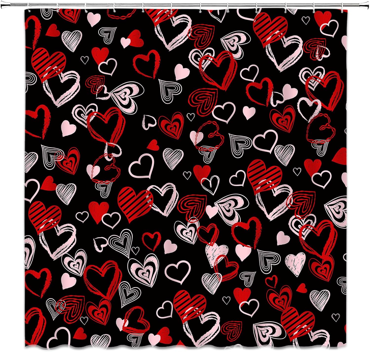 Valentine Shower Curtain Black Red Pink Hearts Romantic Love Cute Pretty Girly Watercolor Design Women Fabric Bathroom Curtain Decor Bath Set with Hooks(108" Wx70 H)