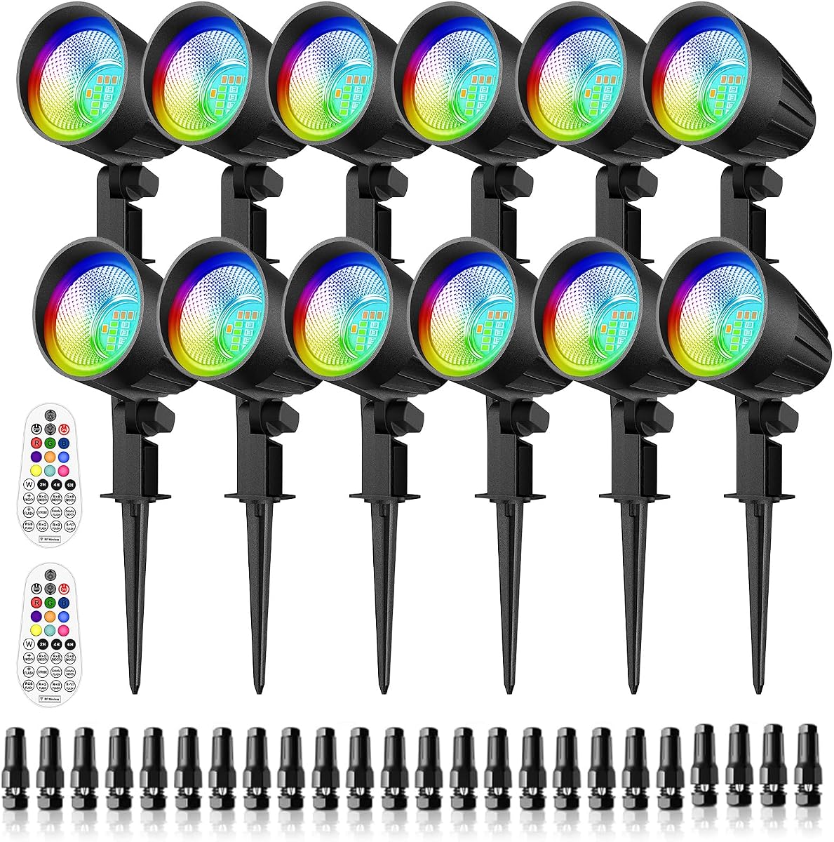 15W RGB Landscape Lighting with Remote for Yard Garden (12 Pack) | Low Voltage RGB Color Changing Spotlights, 10 Colors, 40 Working Modes, IP66 Waterproof, 1500LM SMD LED, 12V-24V AC/DC