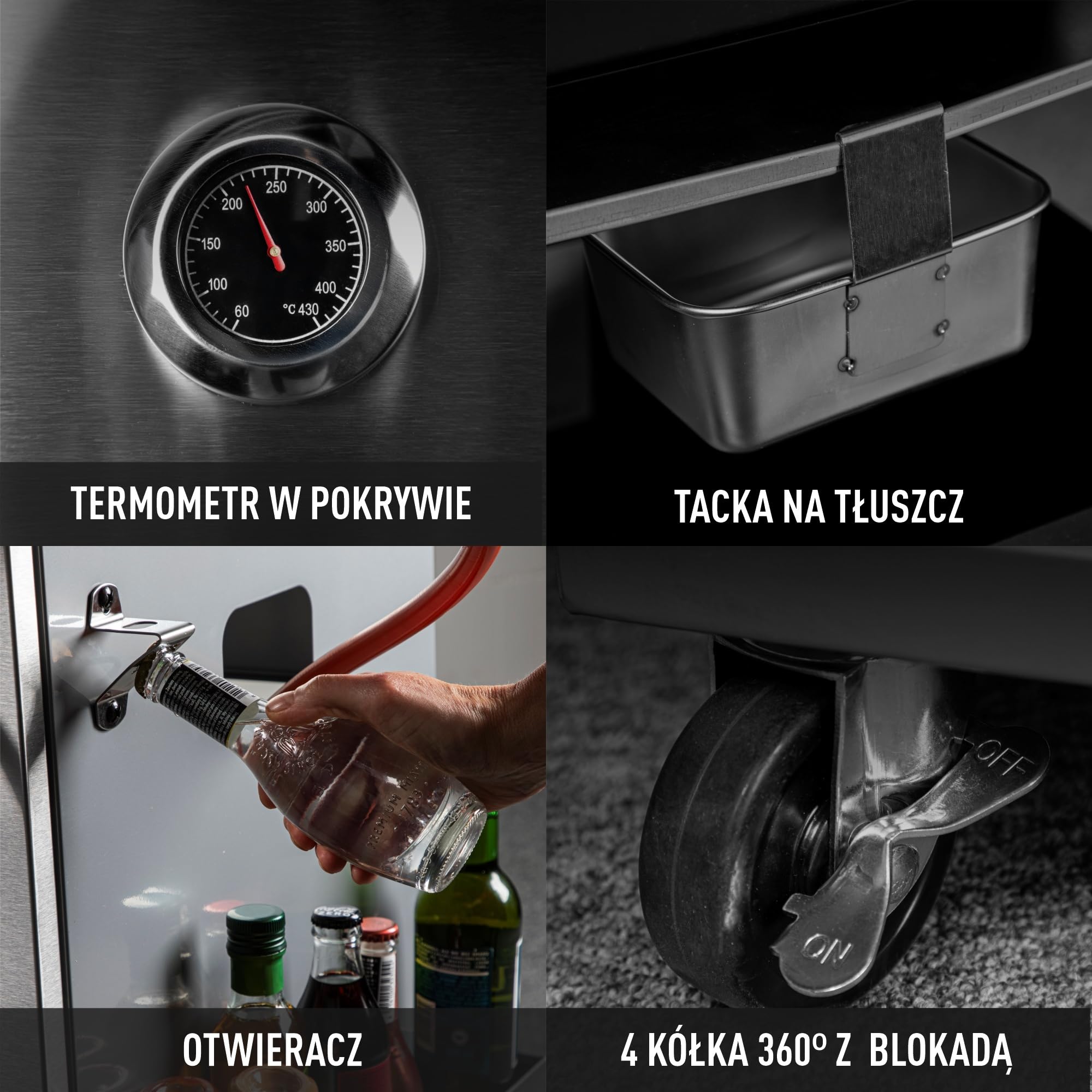 BROWIN® dragON BBQ101 | Grill Gazowy | BBQ | Wielofunkcyjny | Stal nierdzewna | Grill na 4 kółkach | 4 Palniki Główne | Palnik Boczny | 60 x 36,5 cm | 11,7 kW | Czarno-Srebrny