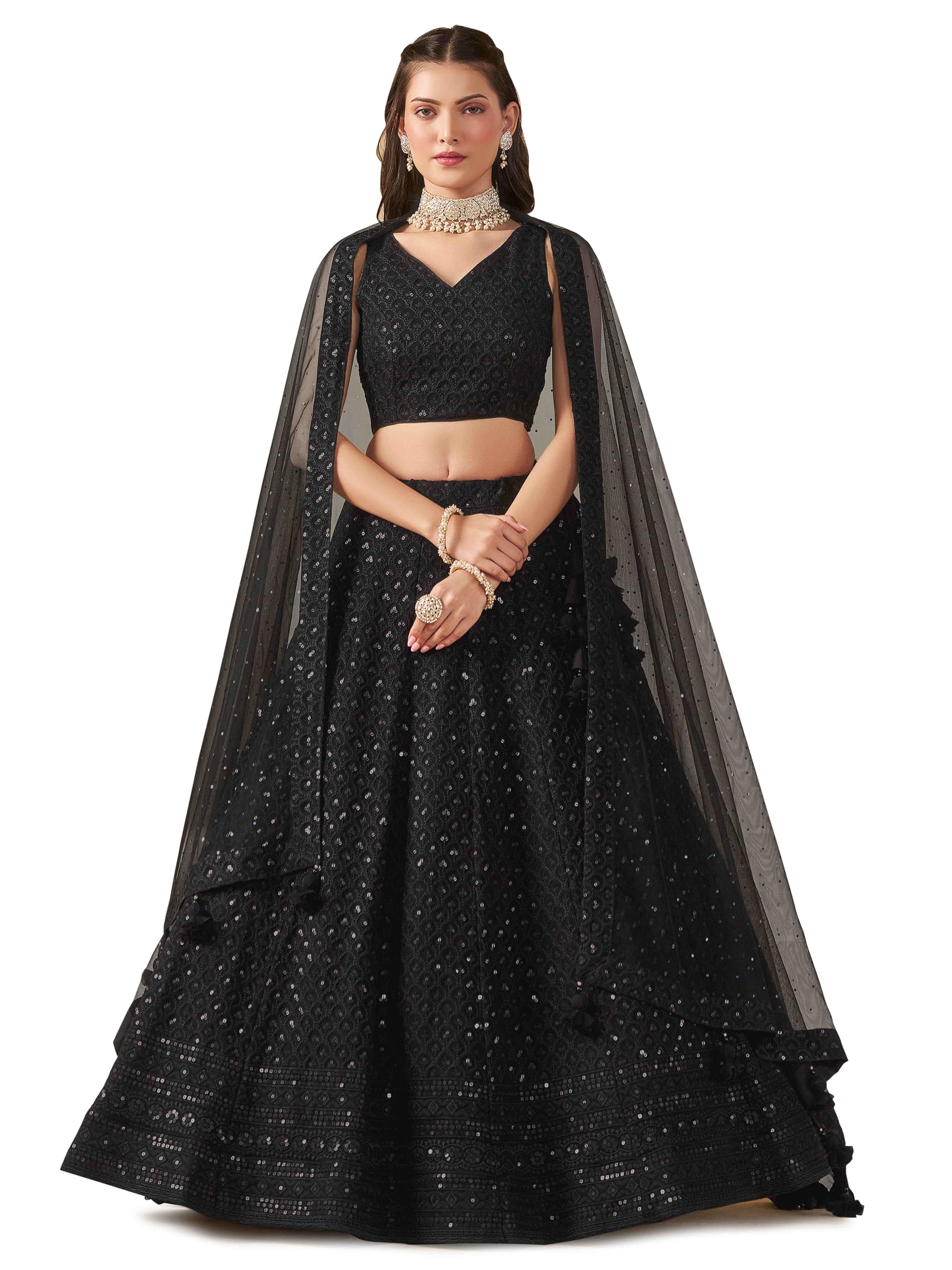 zeel clothing Women's Sequins Thread Embroidered Georgette Lehenga Choli With Dupatta (5124-Black-Women-Lehenga-Choli-New; Free size) (Black)-picture-35
