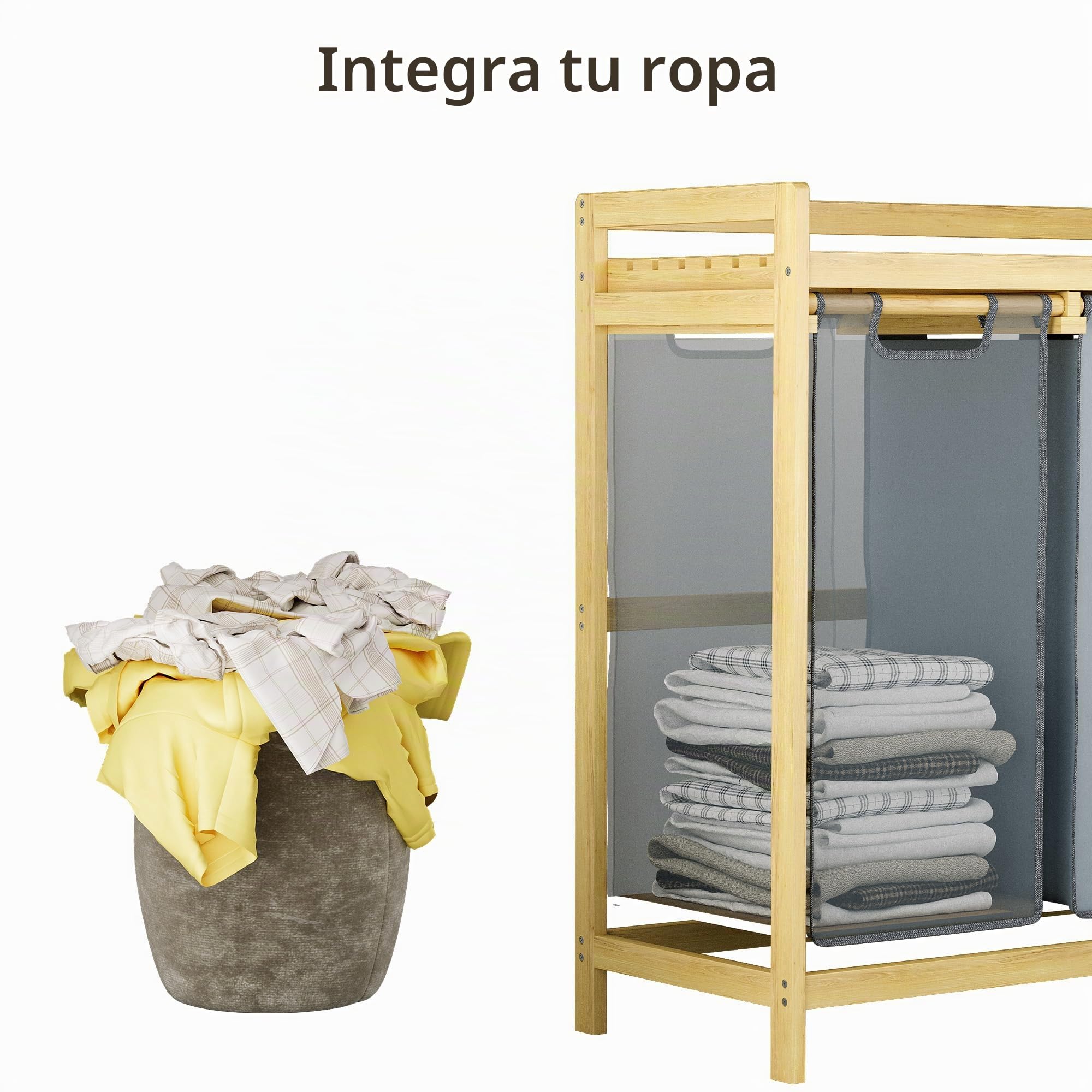 Cesto para Ropa Sucia de Bambú de 3 Compartimentos, 150L con Estante, Bolsas de Tela Extraíbles y Bolsillos Laterales, 94x33x78 cm, Gris