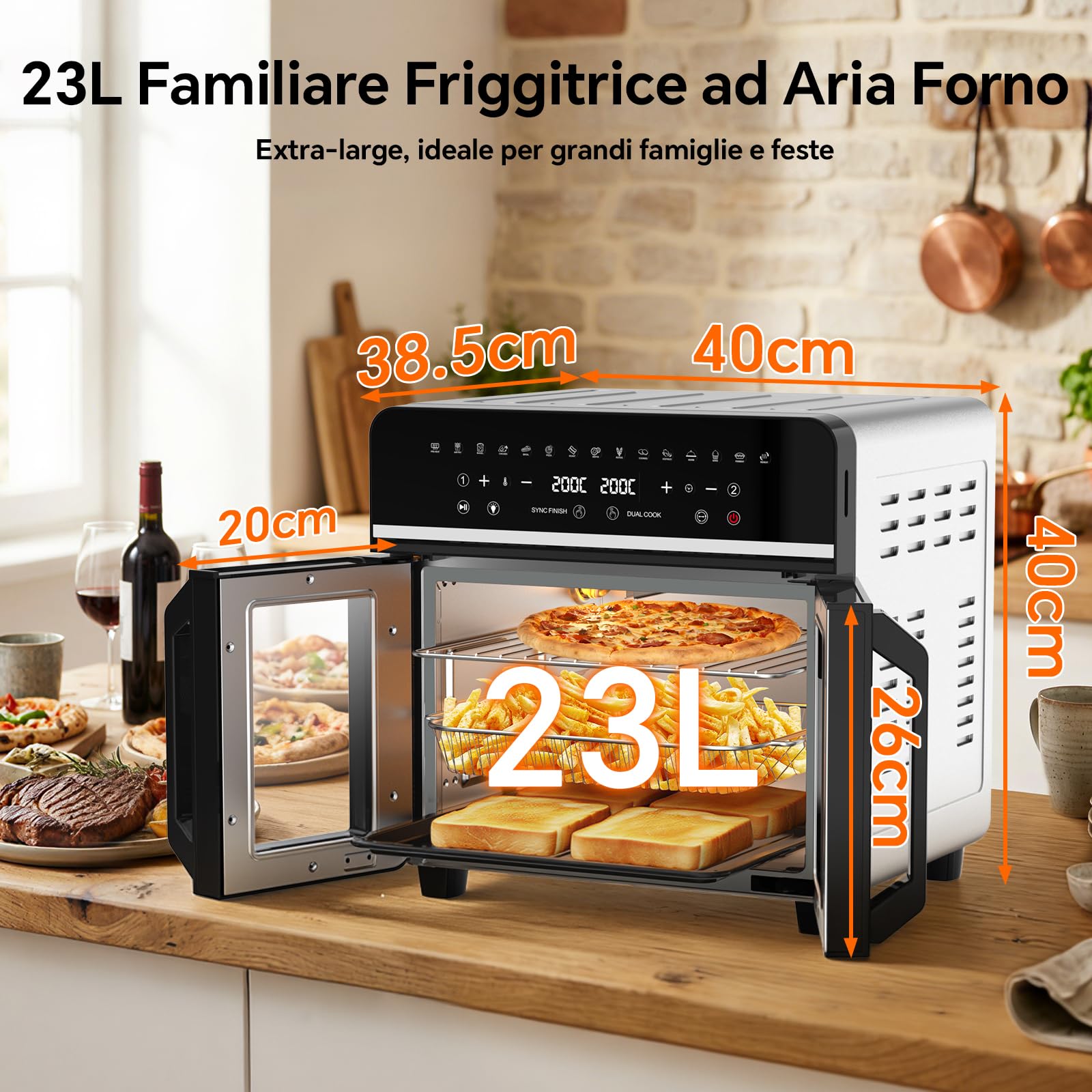 Friggitrice ad Aria 23L XXL Mini Forno con Porte alla Francese, 2600W Air Fryer Dual Zone con Smart-Touch, Sync Finish, 15 Programmi, Ricettario & 13 Accessori Inclusi, Metallo