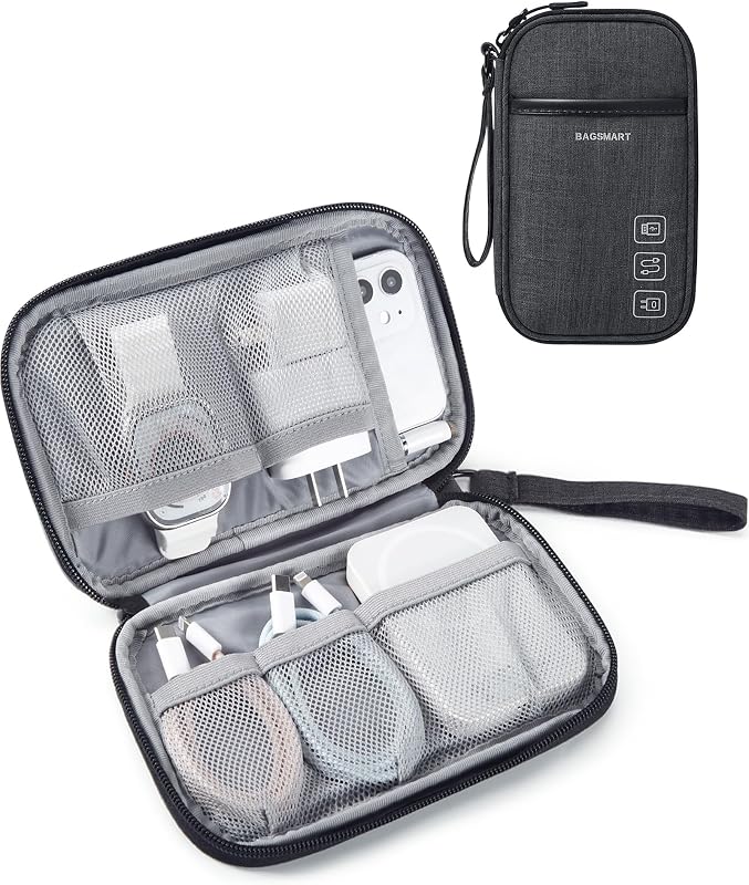 Electronics Travel Organizer for Cords Chargers Phones, Black | Travel Essentials, Tech Organizer Pouch, Cord organizer bag for Cables, Compact Travel Accessories