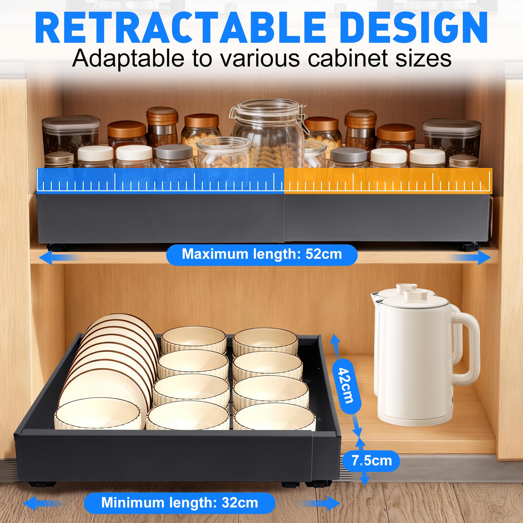 Teleskopschublade Ausziehbare Schublade Küche Breite 32–53 cm Tiefe 42 cm Ohne Bohren Metallschienen Organizer
