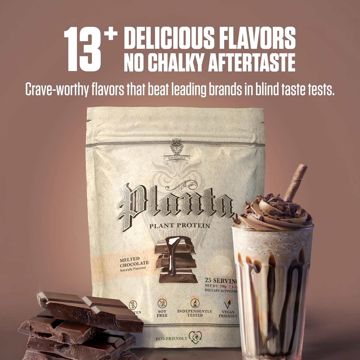 Ambrosia Plant Based Protein Powder 20g | Clean Vegan Pea Protein Powder | Gluten & Dairy Free, Keto Friendly, No Added Sugar | 25 Servings | Melted Chocolate