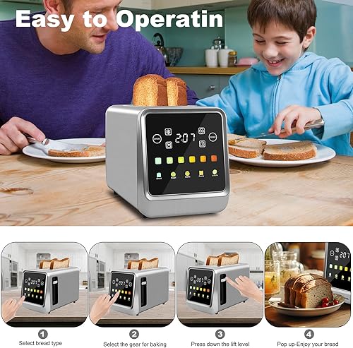 Miniatura 6 de Tostadora de pantalla táctil de 2 rebanadas, tostadoras de bagel con pantalla LCD, tostadoras digitales inteligentes de acero inoxidable con tostada