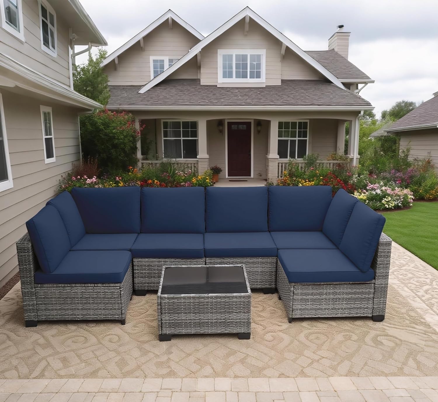 7 Pieces Outdoor Patio Furniture Sets All-Weather Sectional Sofa Grey PE Rattan Wicker Conversation Set with Glass Table for Backyard Porch Balcony Poolside Garden