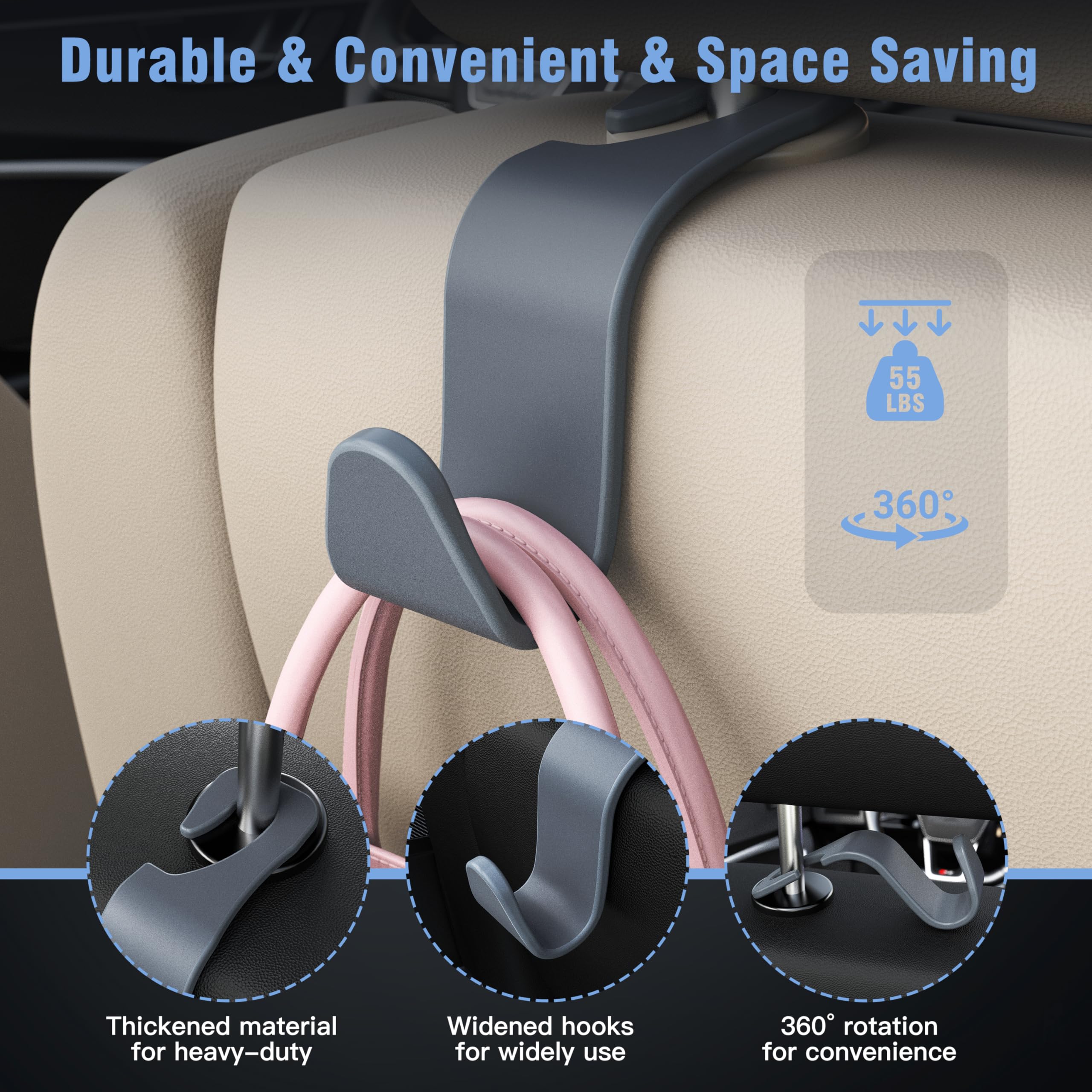 4-Pack Car Headrest Hooks Holds 55lbs Seat Storage Organizer for Bags view 3