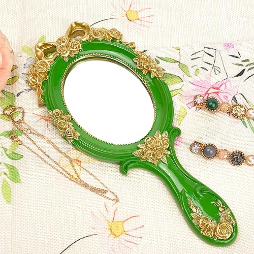 Miniatura 5 de Nerien Espejo de Mano de Tocador Espejo de Maquillaje de Viaje Princesa Espejo Cosmético de Metal Portátil Ovalado con Rosas en Relieve Espejos