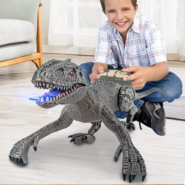 BOMPOW Jurassic World Remote Control Dinosaur Toys, Dinosaur Toy for Boys with Light and Roaring, 2.4Ghz Realistic Dinosaur Robot Toy for Kids