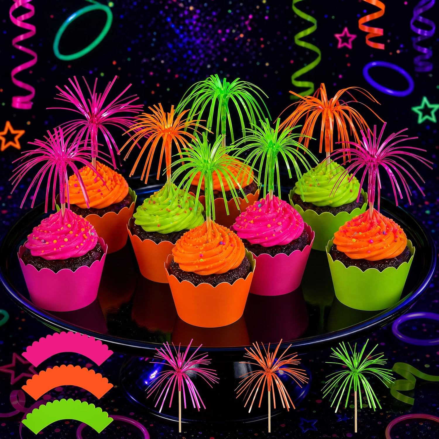 Mega-L Glow in The Dark Party Supplies, 36Pcs Cupcake Toppers and Wrappers