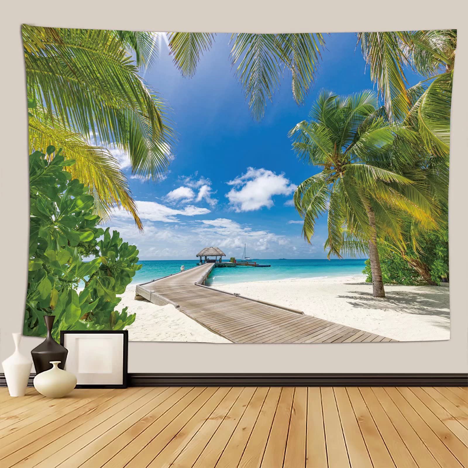 [Upscale] Fullfun Tropical Palm Tree Tapestry, Beach Tapestry Blue Sky Clear Ocean Tapestries Seaside Road Landscape Wall Hanging for Living Room Bedroom Dorm Home Decor 60 x 80 inch