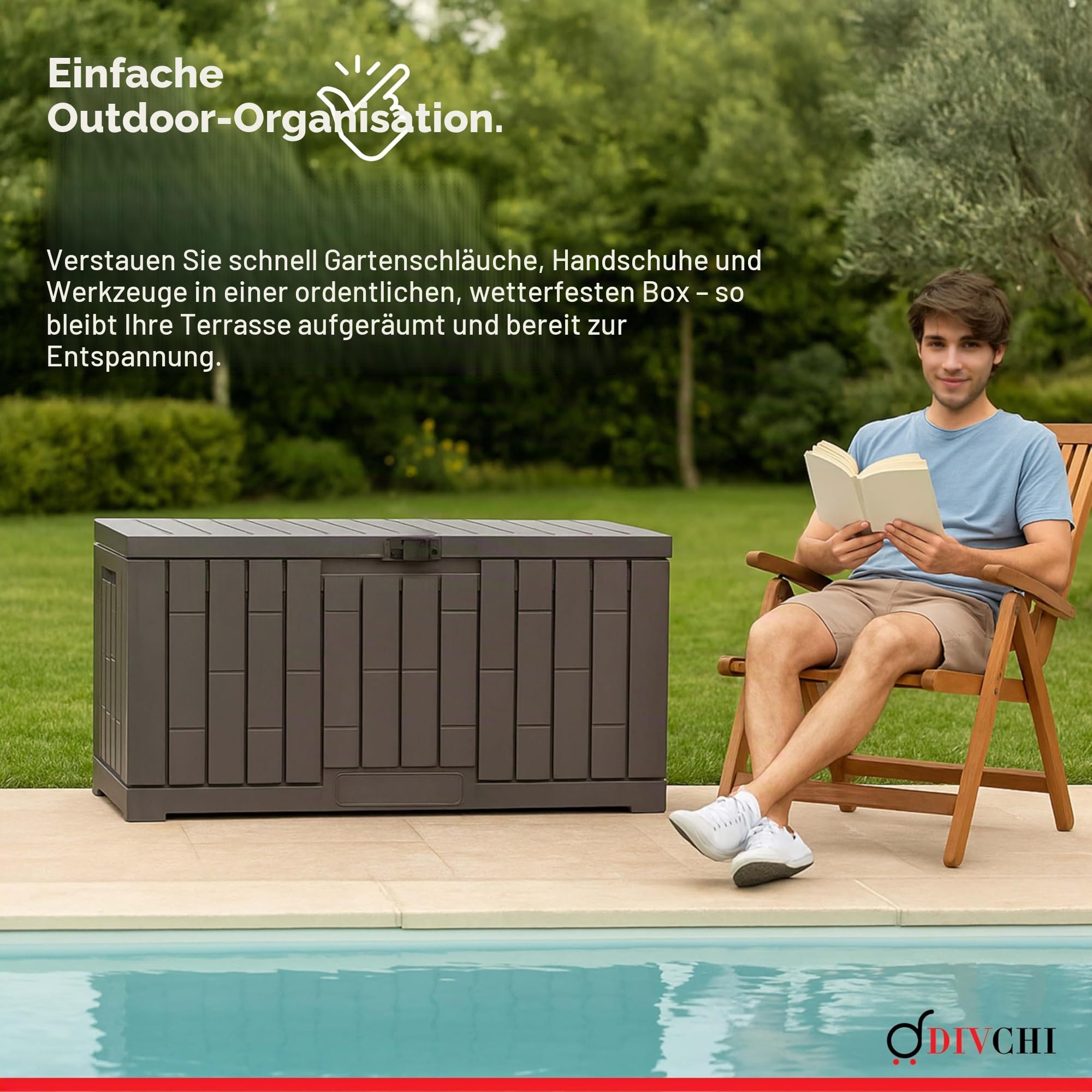 DIVCHI Outdoor Aufbewahrungsbox wasserdichte Deckbox für Gartengeräte Terrassenkissen und Poolzubehör Abschließbar Einfache Montage Vielseitige Bank oder Tisch (60 Gallonen)