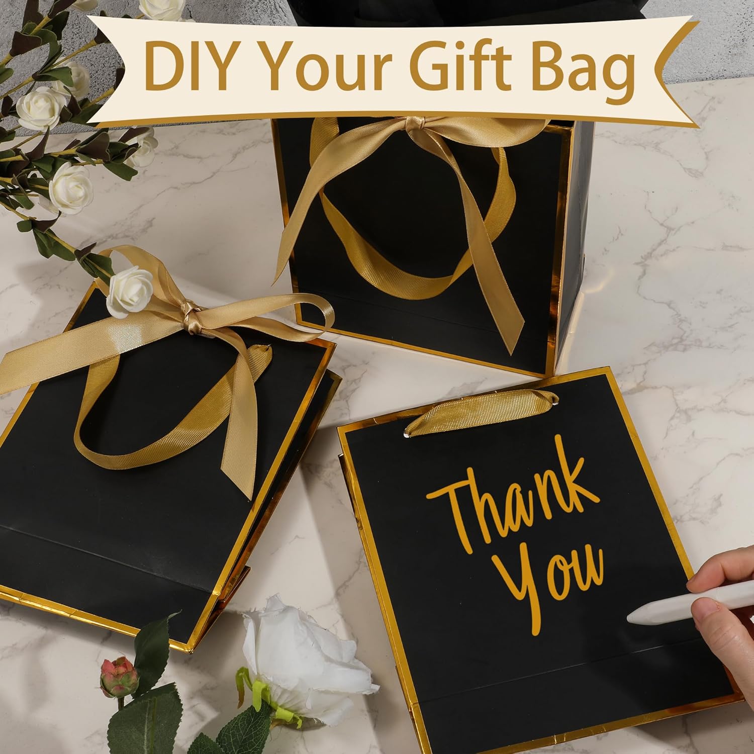 STOBOCTER 6 Pcs Thank You Gift Bags with Handles and Tissue Paper 9 x 7 x 3. 15'' Metallic Welcome Gift Bags with Bow Ribbon for Wedding Bridal Baby Shower Groomsmen Birthday Party(Black, Gold) - Image 4