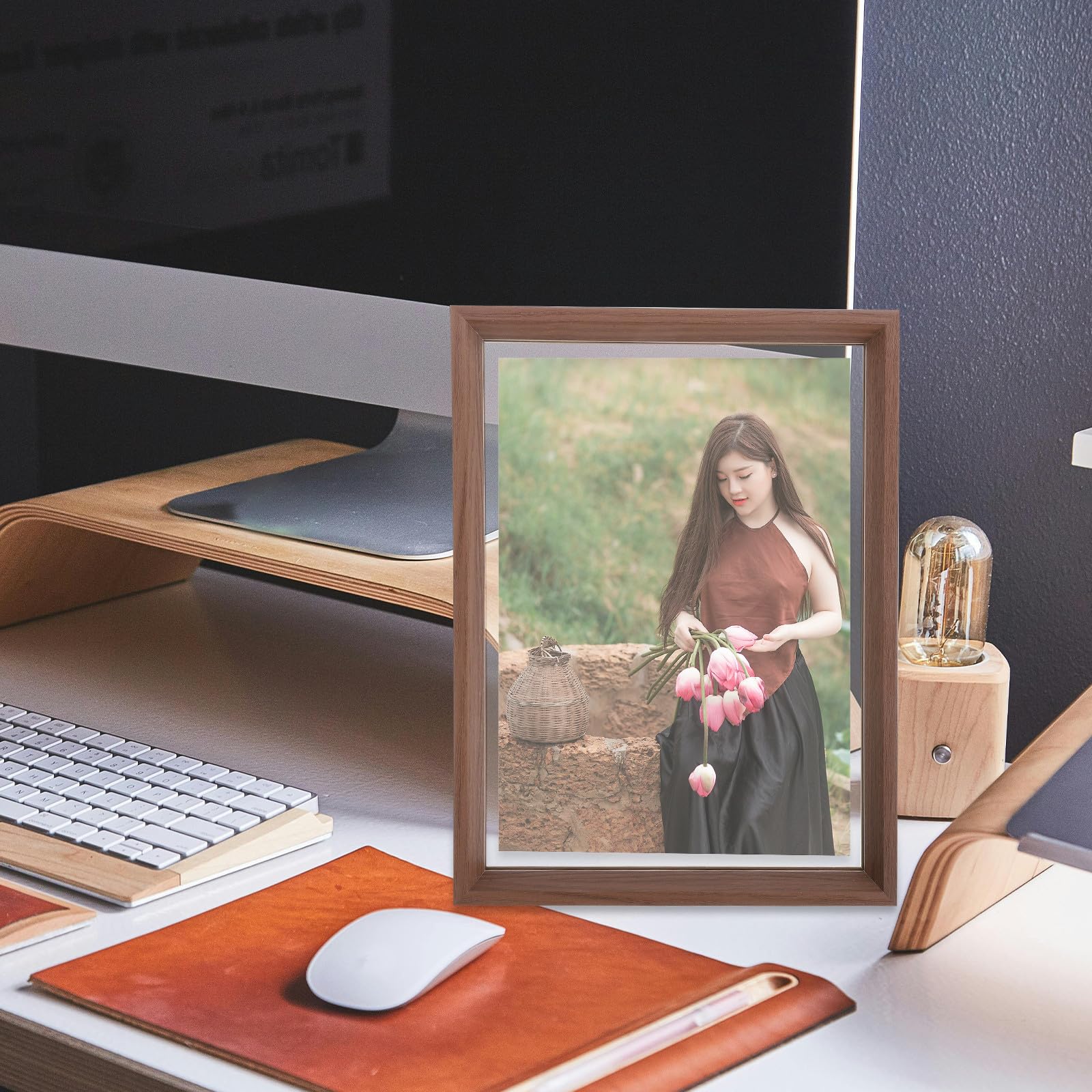 IMIKEYA Photograph Frame A4 in Legno Noce, Cornice Galleggiante Trasparente, Display Frame da Tavolo per Casa e Ufficio