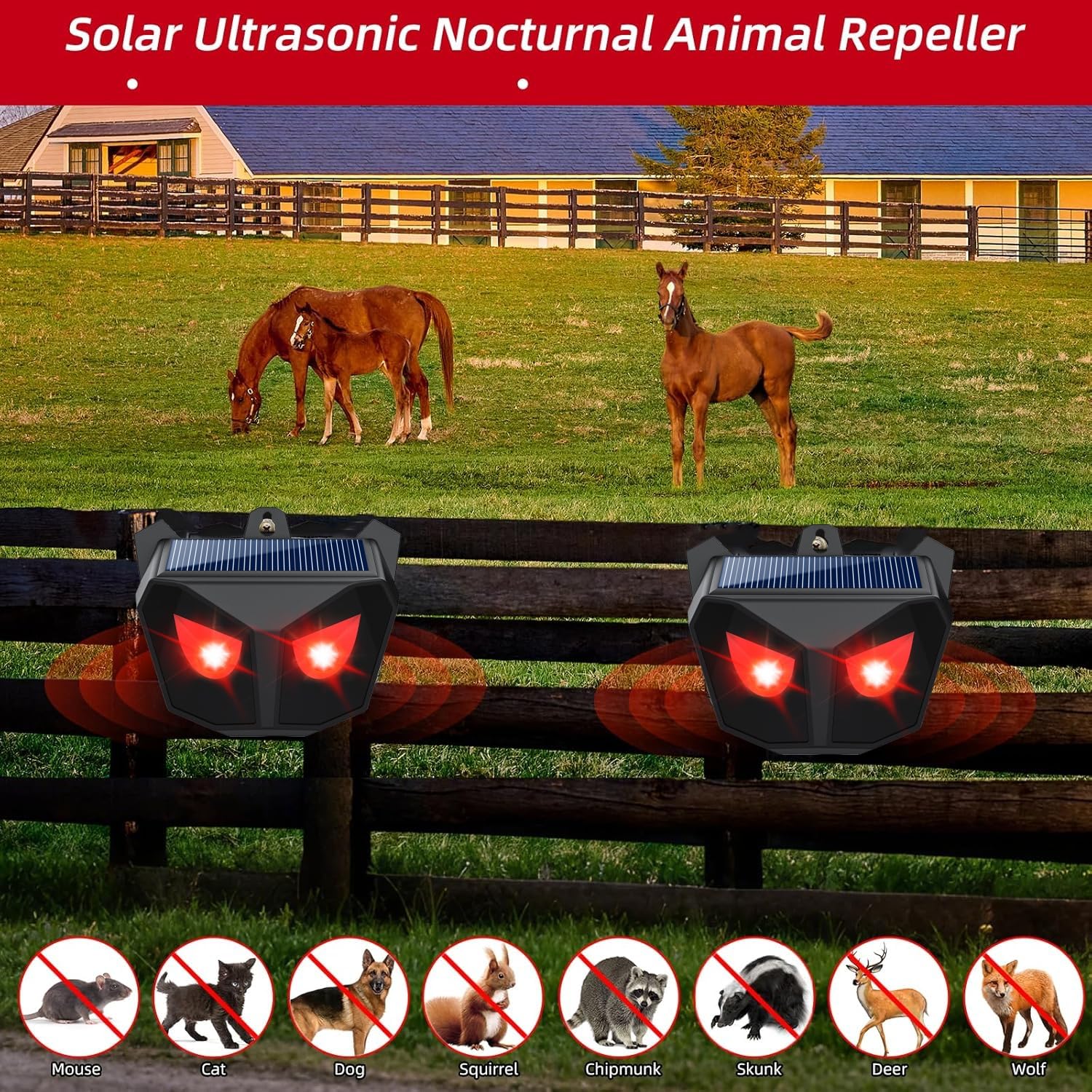 solare per selvatici animali Repellente,Predator Eye rosse luce Repellente animali,Sorveglianza 360° Animali Selvatici,Deterrente per Giardino Uccelli Gatti I topi,i lupi.