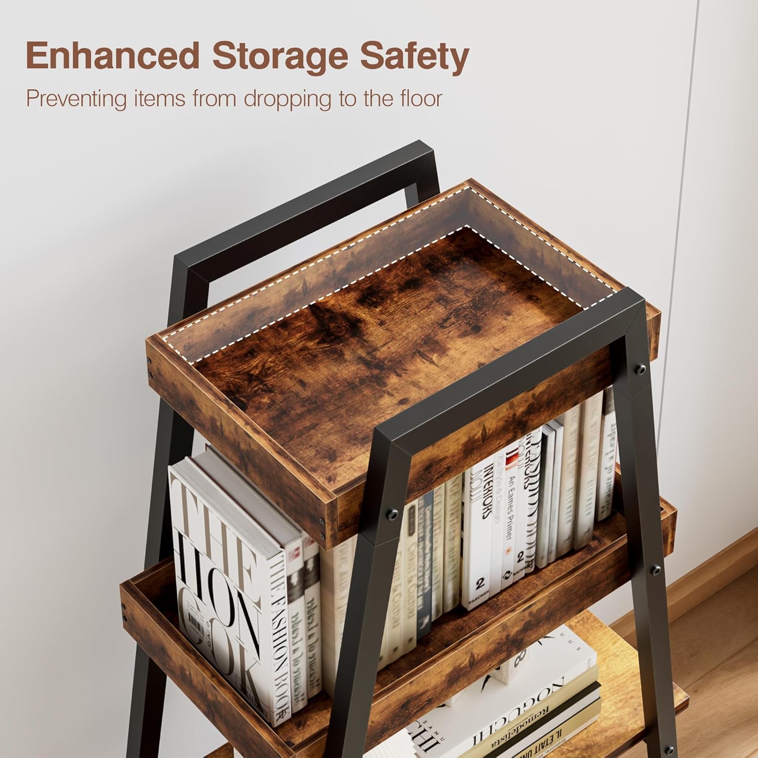 VECELO Book Shelf, 4 Tier Wooden Ladder Bookcase with Metal Frame, Enclosed Edges Combined with Open Display, Decorative and Plant Stand for Living Room/Farmhouse/Bedroom/Home Office-Brown