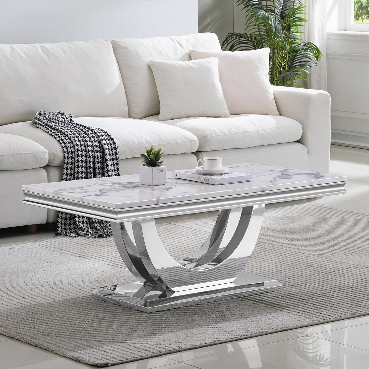46.85" Rectangular White Marble Coffee Table, Faux Marble Living Room Table Center Table with Stainless Steel Metal U-Base, Mid Century Modern Coffee Table, Luxury Silver Cocktail Tables