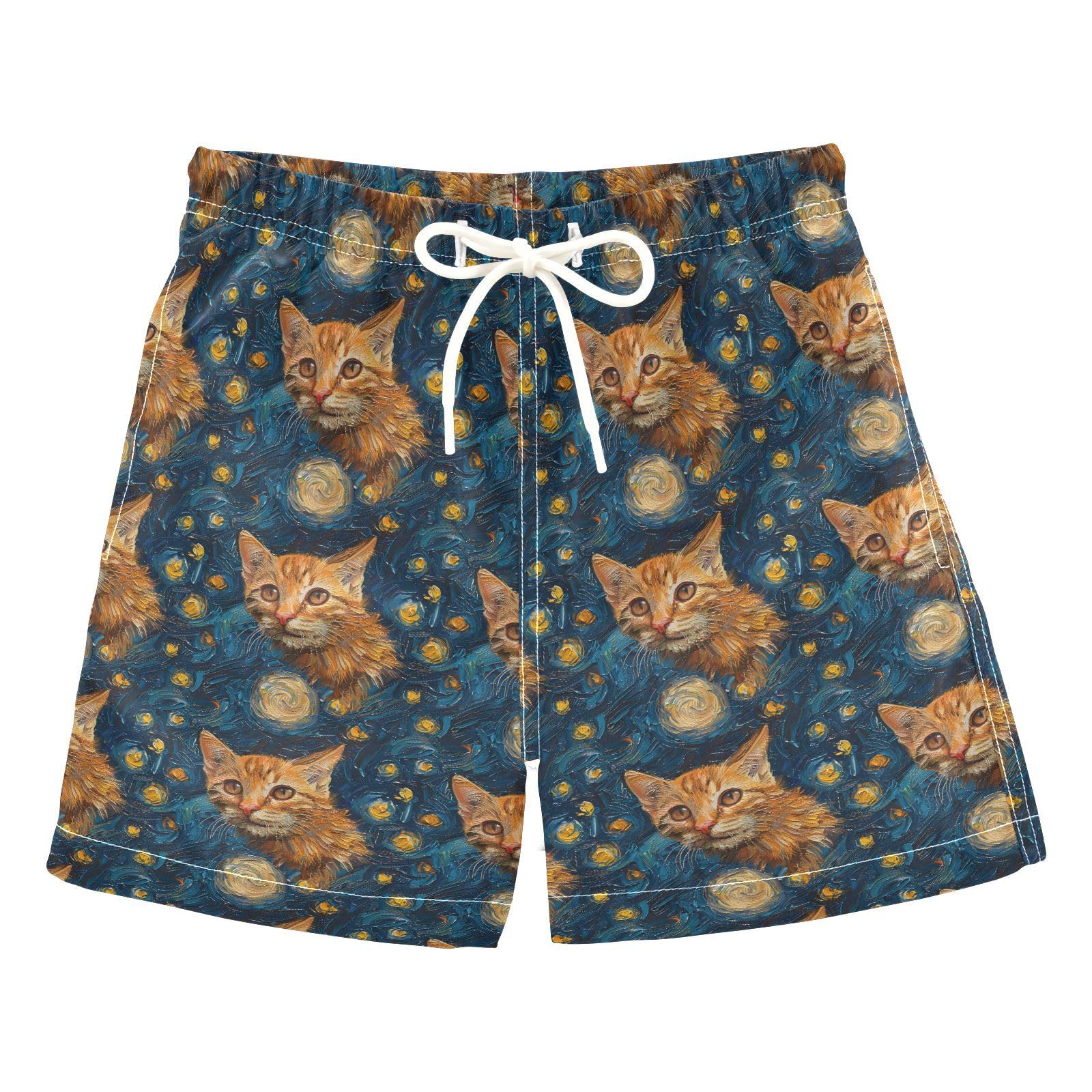 ALAZA Cat Kitten Watercolor Van Gogh Boys' Swim Trunks Beach Shorts Quick Dry Swimsuit 8 Years Multicoloured