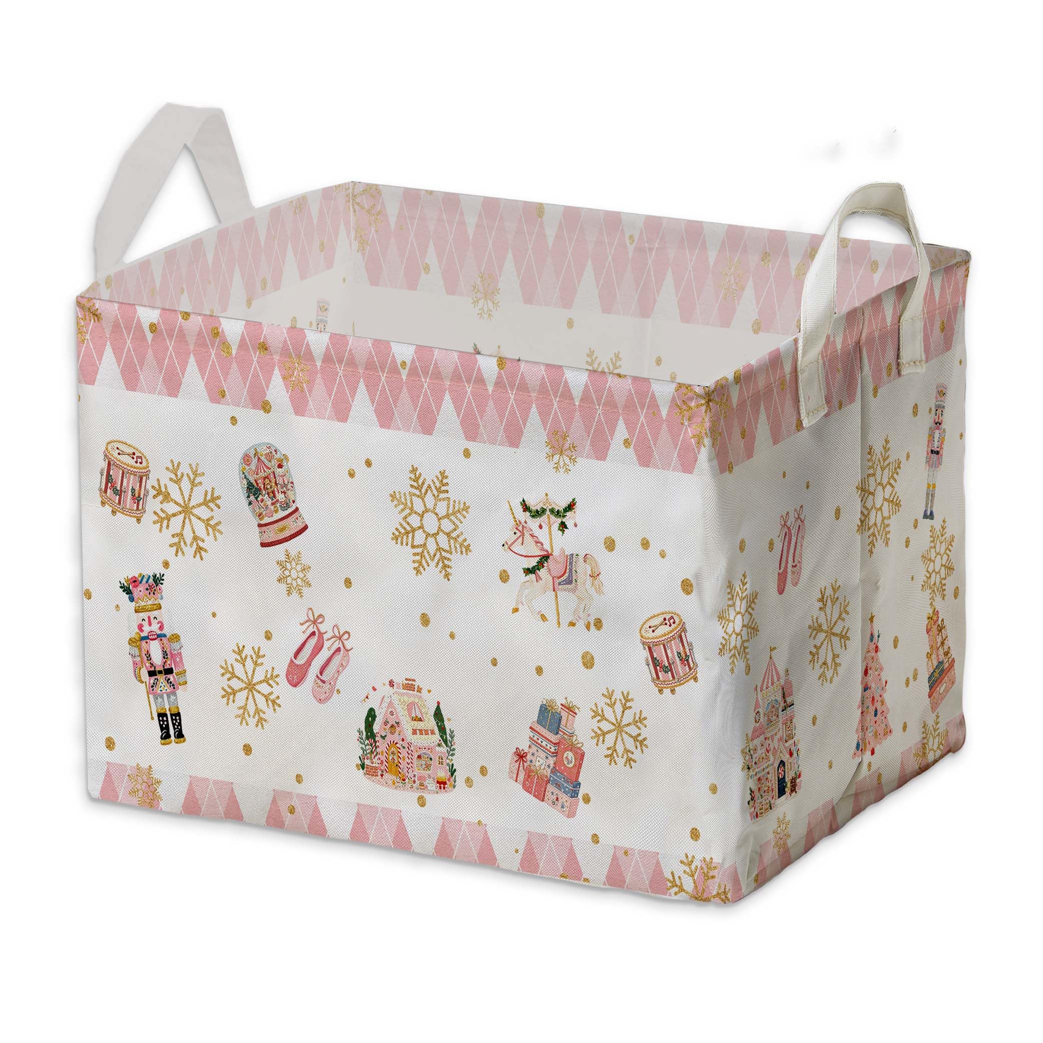 Pink Christmas Nutcracker Storage Baskets, Empty Christmas Gift Baskets, Pastel Nutcracker Home Decorations, Large Square Waterproof Laundry Hamper Coating, Foldable Toy &amp; Clothes Bins for Bedroom