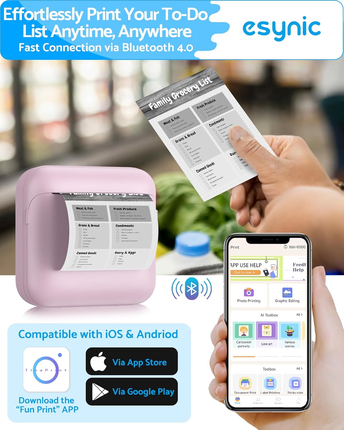 eSynic Mini Sticker Printer-1200mAh Rechargeable Battery-Bluetooth Portable Thermal Printer-Lnkless Printing- APP With 1000 Templates-5 Roll Adhesive & 5 Thermal Paper-6*Color Pens-for Notes/Photo etc - Image 3