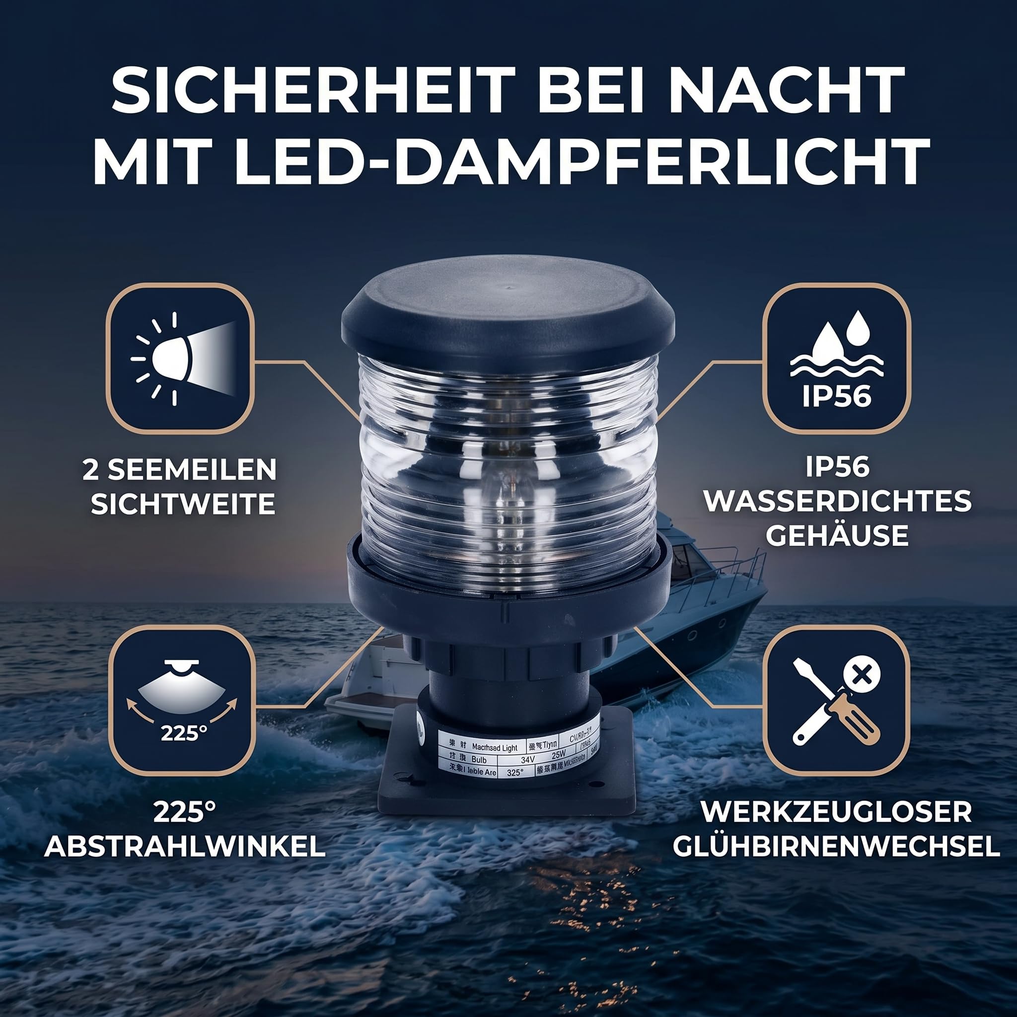 Eujgoov Navigazione a LED 24V 25W, 360° Luce di Testa d'albero in Testa d'albero per Barche Marina