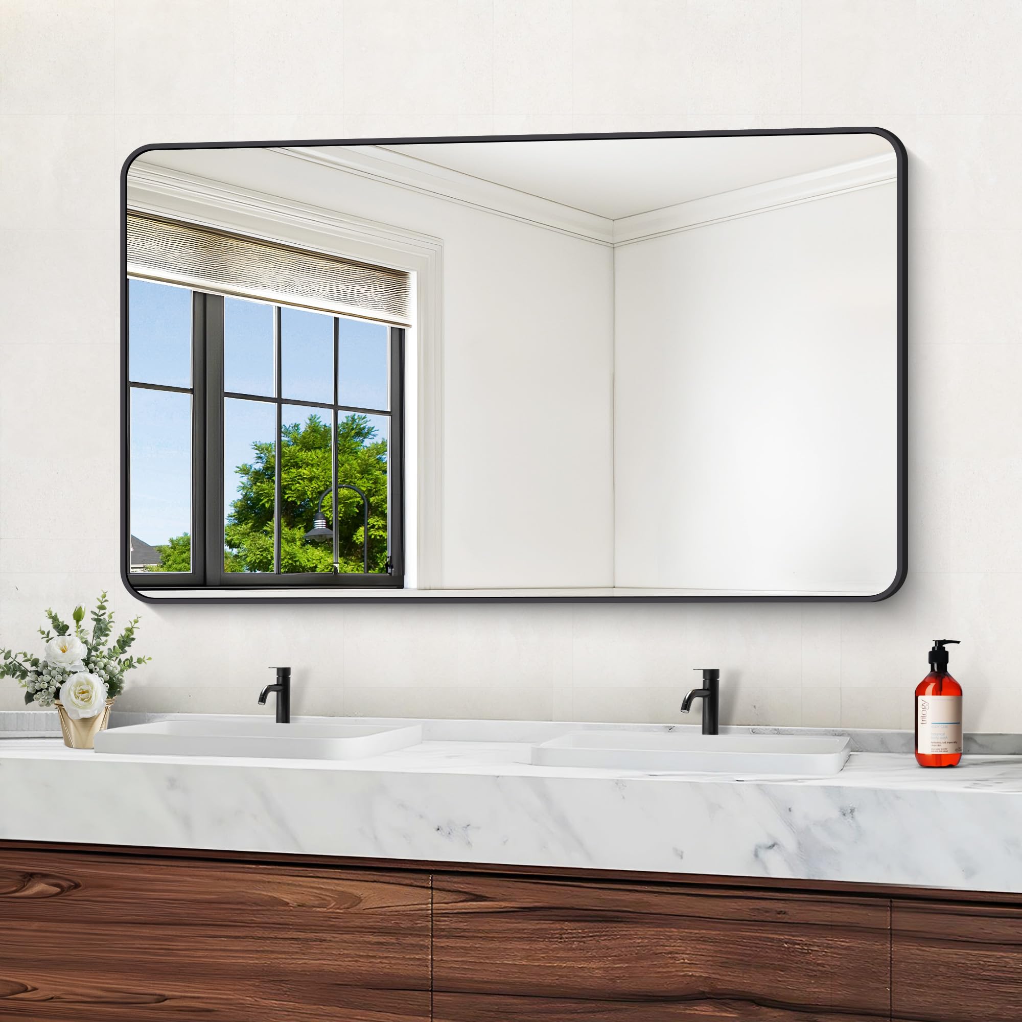 DESBING 60" x 36"Bathroom Mirror, Matte Black Wall Mirror with Metal Frame, Decorative Rectangular Vanity Mirror for Bedroom Bathroom Living Room Entryway (Horizontal/Vertical)