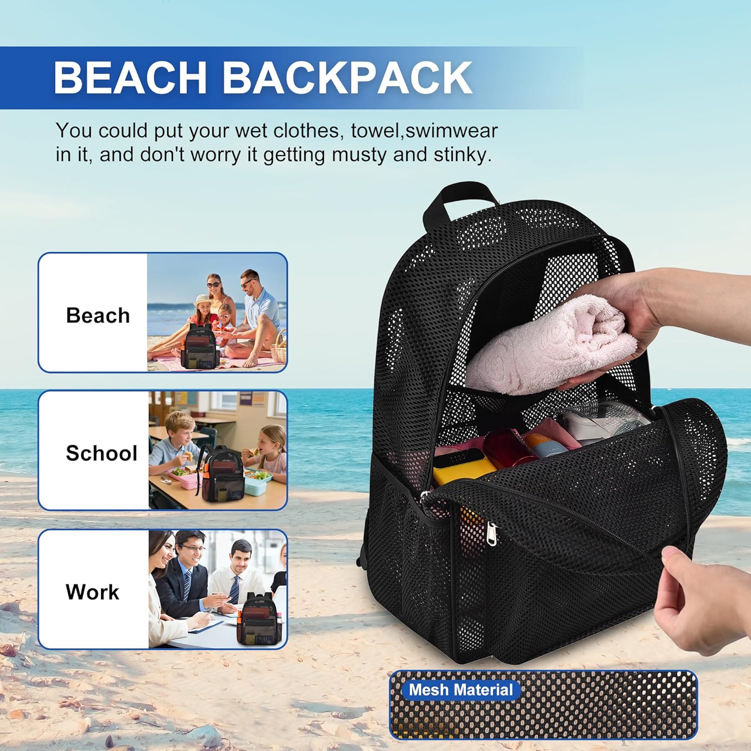 Oraben Heavy Duty Mesh Pack with Rain Cover - See Through Backpack Mesh Backpack Ideal for Class, Work, Travel, or Beach Outings (Black) - Image 7