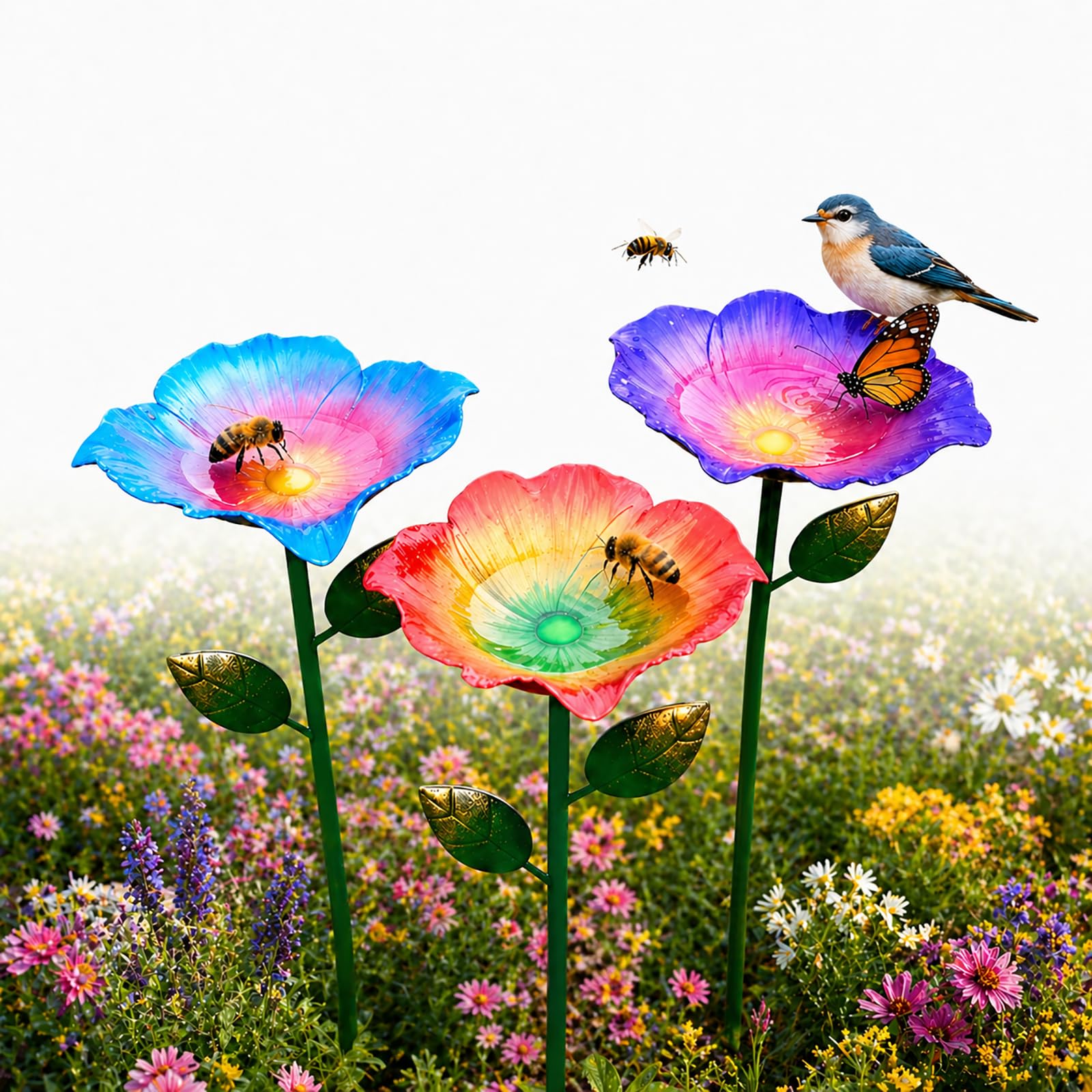 Bee Watering Station for Garden Set of 3, 12 cm Large Metal Flower Bee Feeder with Ground Stakes, Bird Bath,Insect Waterer for Bees, Butterflies ,Wild Birds, Outdoor Garden Décor,Nature Gift (3 Pack)