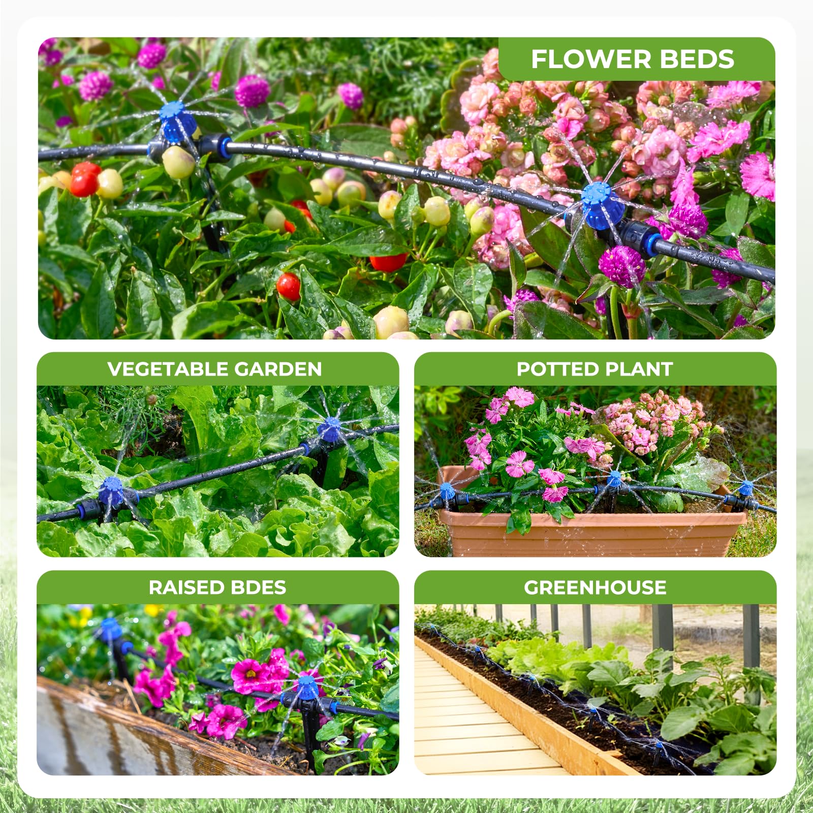 HIRALIY Kit di irrigazione a goccia per aiuole rialzate e giardini da 30 m | Sistema di irrigazione da giardino con splitter a 5 vie e gocciolatori regolabili per terrazze, giardini e piante in vaso