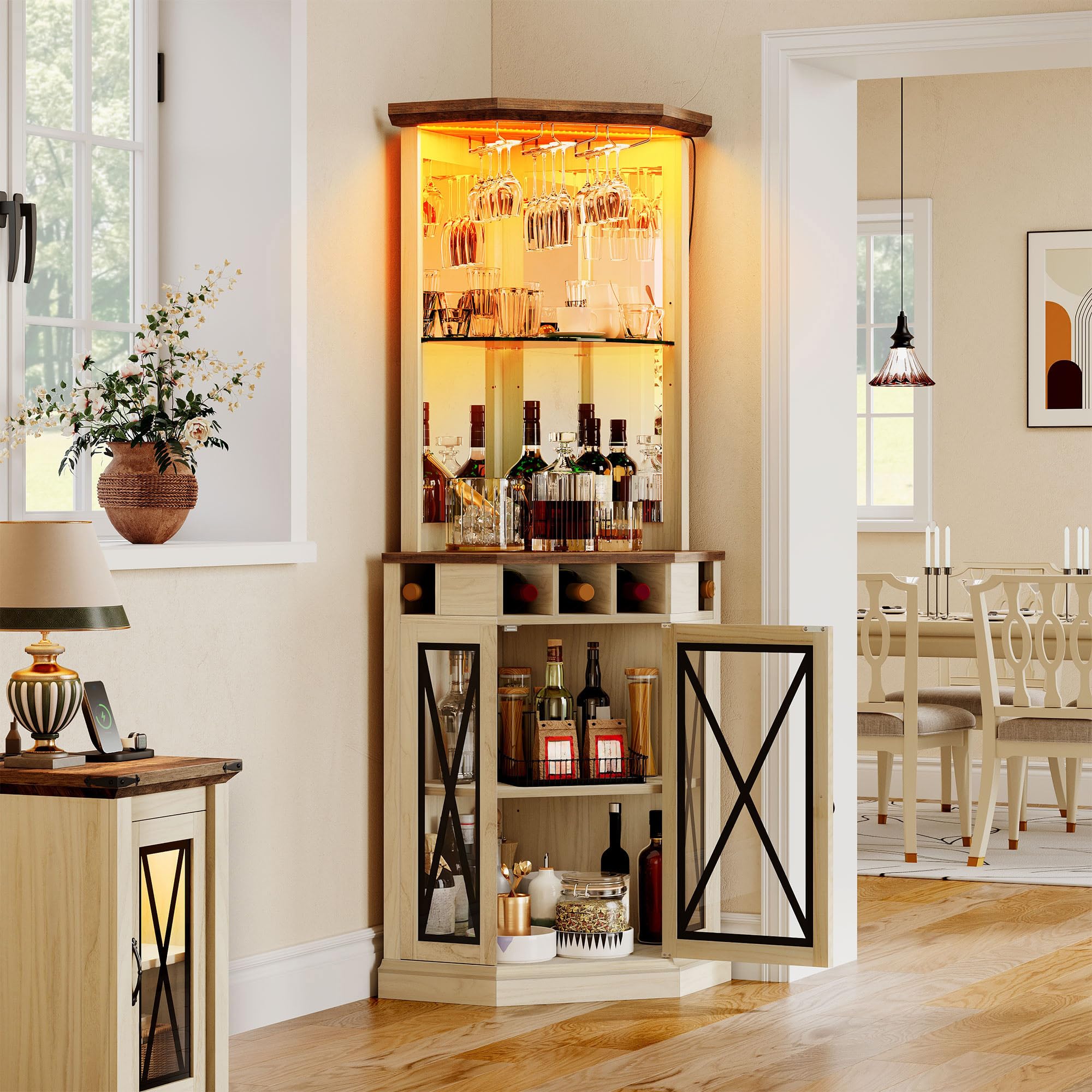 YITAHOME Corner Bar Cabinet with LED Lights, 72" Tall Farmhouse Wine Bar Cabinet w/Visualization Glass Door & Adjustable Shelves, Home Bar w/Wine and Glass Rack for Dining Room, White Walnut Grain