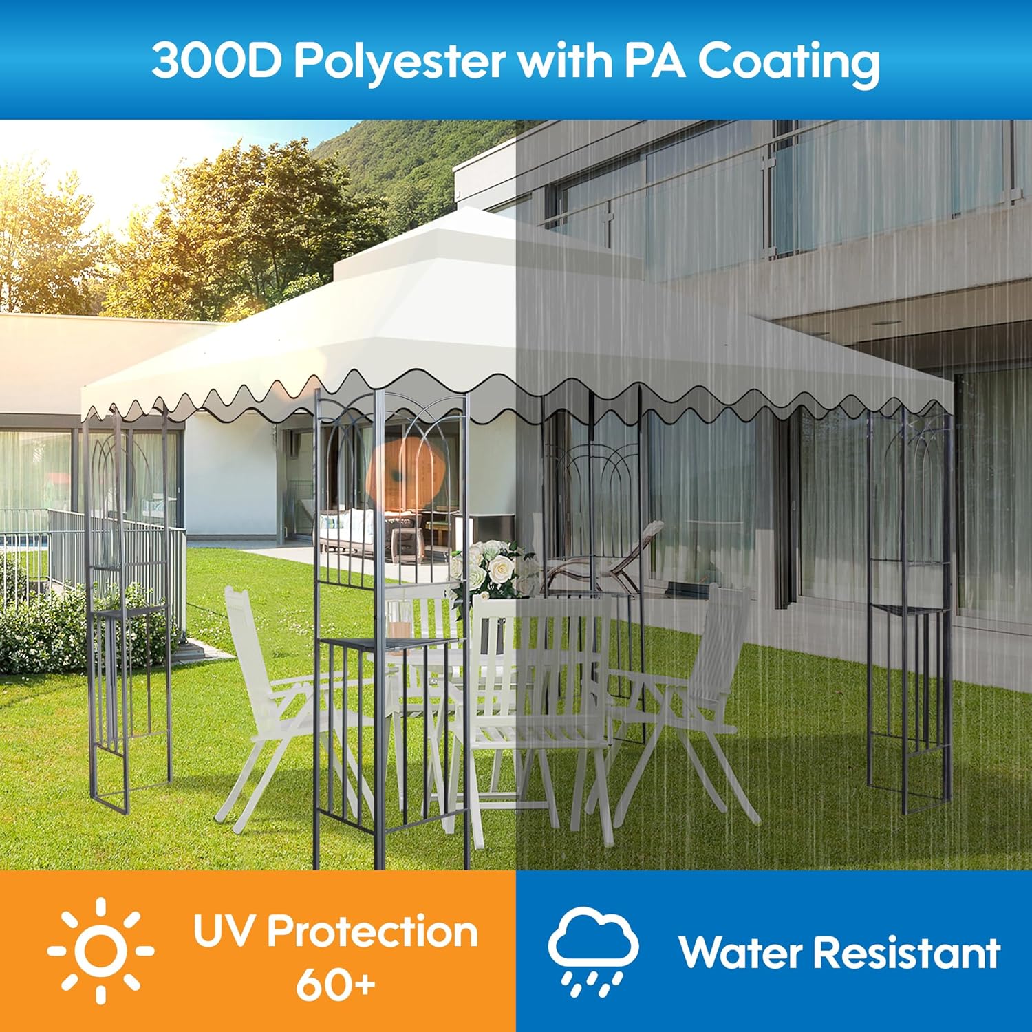 10x10 Ft Outdoor Patio Gazebo Replacement Canopy,Double Tiered Gazebo Tent Roof Top Cover Only wavy border(Frame Not Include) Beige