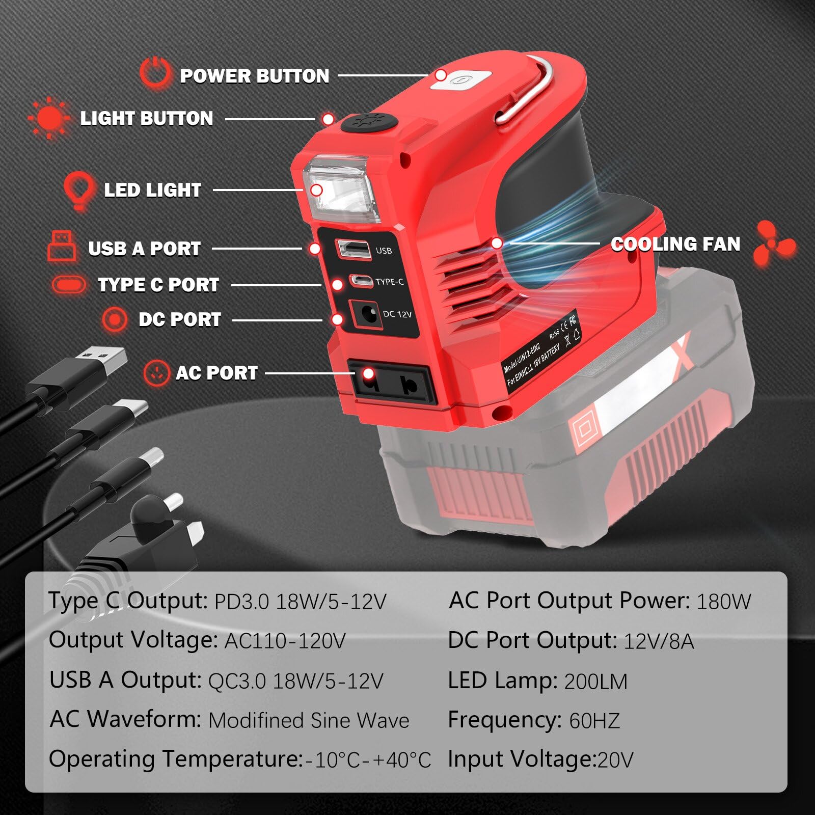 Onduleur de batterie 220 W pour batterie Einhell 18 V, convertisseur de tension CC 18 V vers AC 220 V adaptateur avec port USB Type-C DC 12 V et lampe LED, unité d'urgence pour camping (batterie non