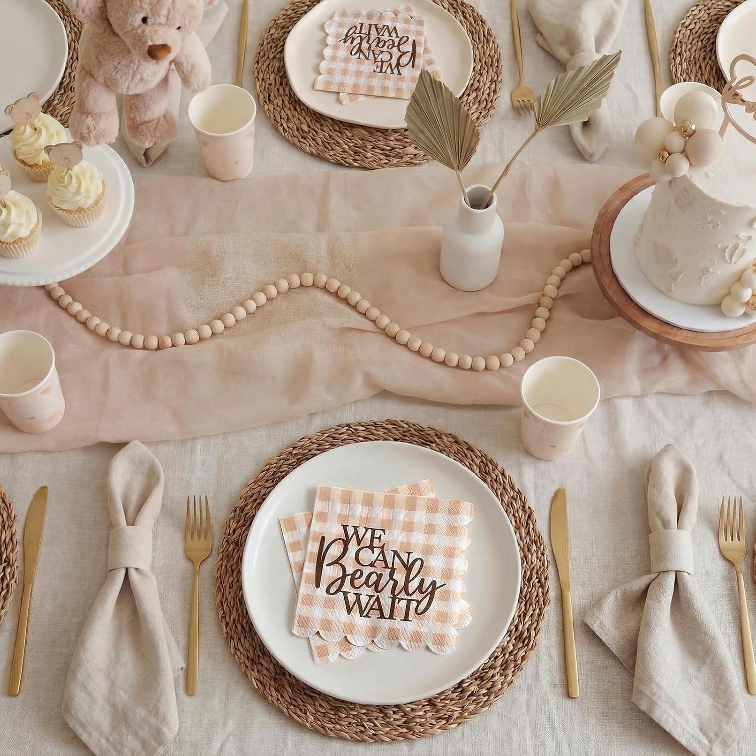100 Pcs Teddy Bear Baby Shower Napkins We Can Bearly Wait Beige