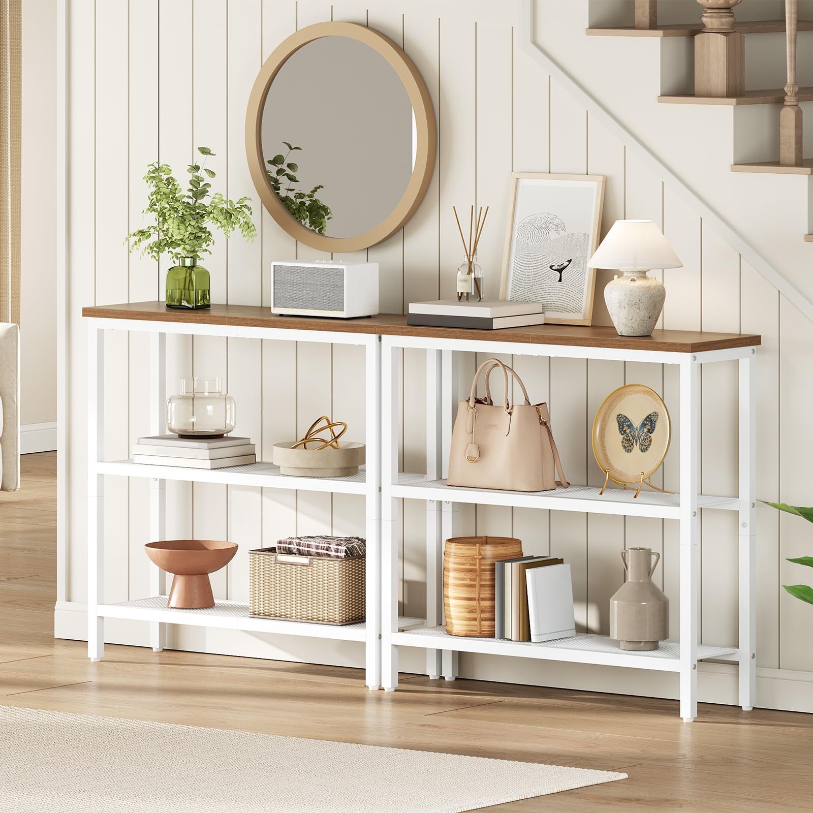 HOOBRO Table Console, Table d'Appoint avec 2 Étagères de Treillis, Table Canapé, Cadre en Métal, Design Industriel, pour Couloir, Entrée, Salon, Chambre et Bureau, Blanc et Noyer EWH73XG01