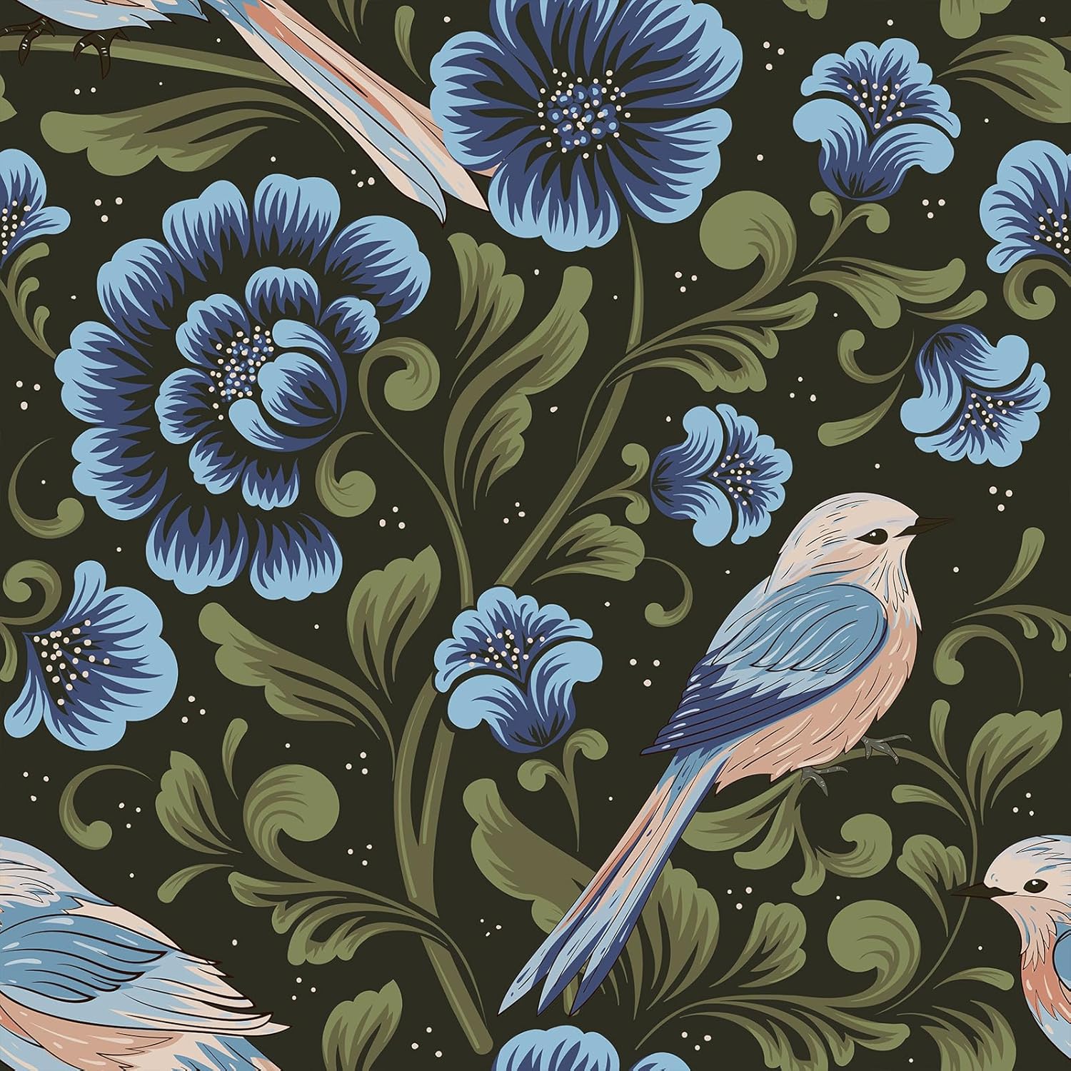 VEELIKE Baroque Bird Wallpaper Stick and Peel Removable Dark Green Floral Wallpaper for Bedroom Bathroom 17.7''x118'' Prepasted Vintage Wall Paper Self Adhesive Floral Contact Paper for Cabinet Drawer